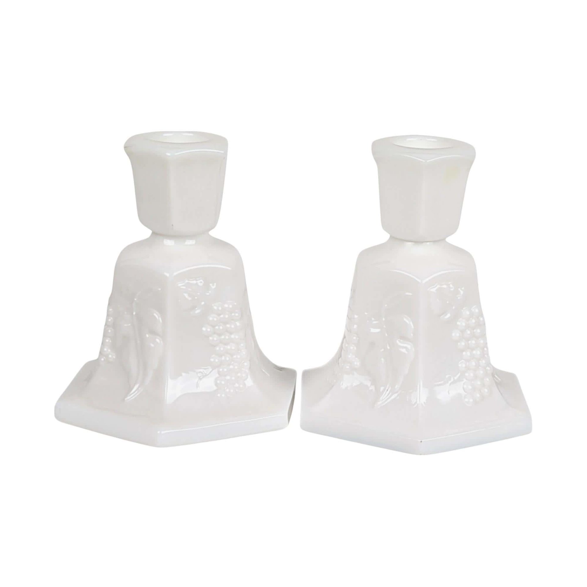 Vintage Fostoria Milk Glass Candle Holders, Pair, Grape Pattern, 4.25 Inches - Mid-Century Modern