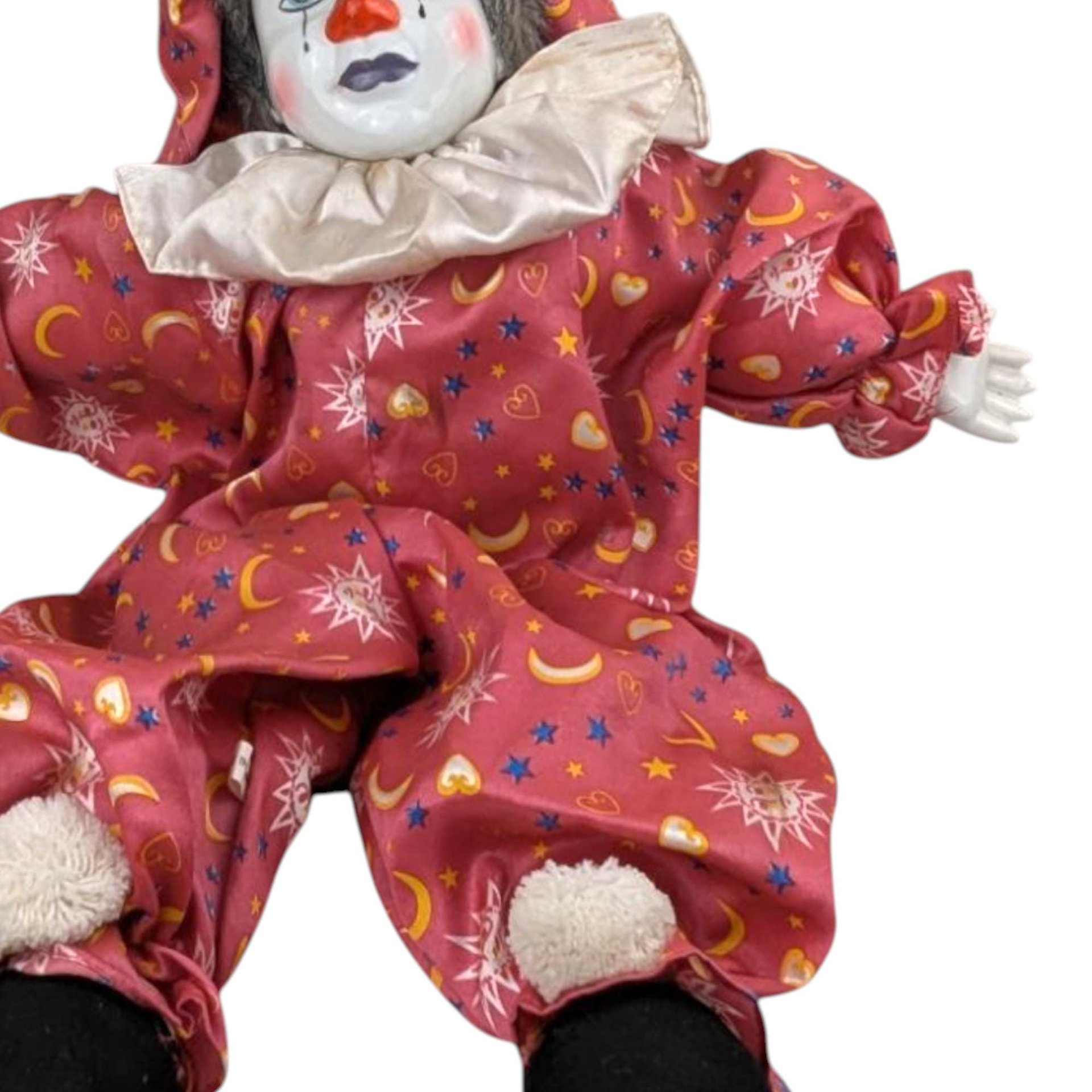 Vintage 18" Porcelain Clown Doll with Moon & Sun Outfit, Hand-Painted Face, Made in China, Decorative Collectible