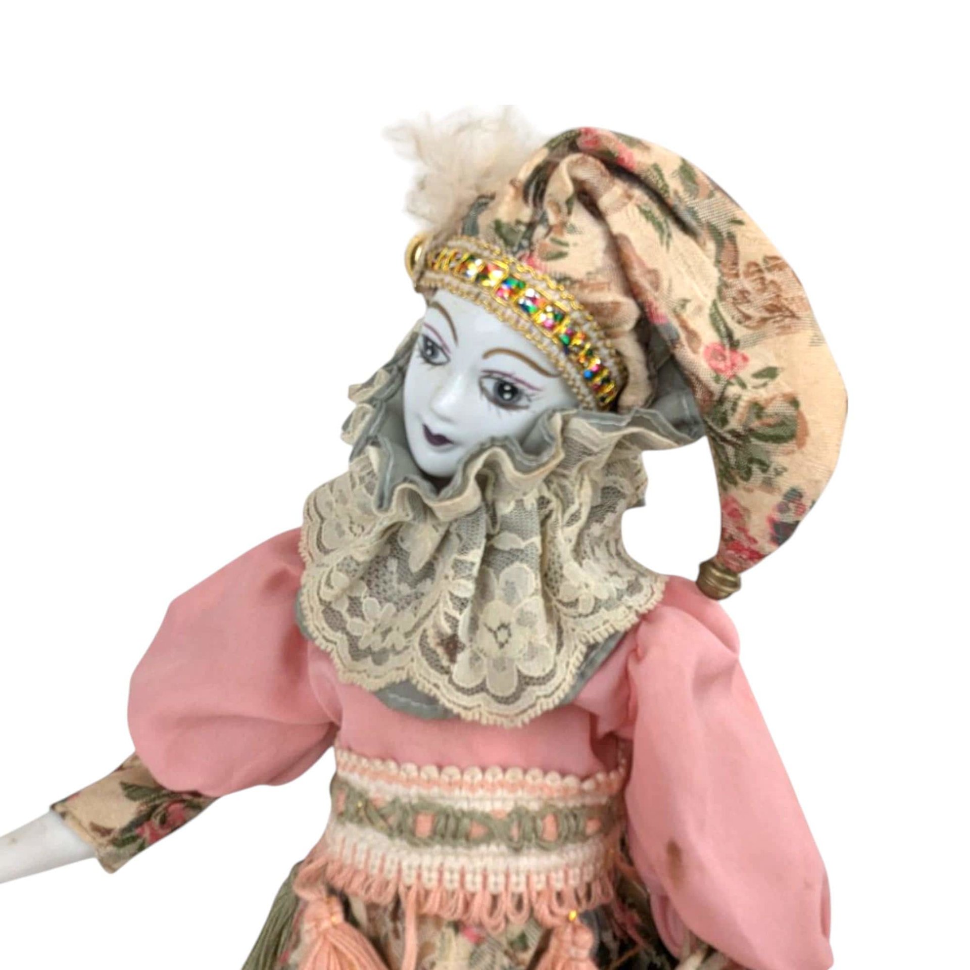 Vintage Harlequin Musical Doll, Porcelain, Floral Costume, 15.5 Inches, Collectible Doll, Working Music Box