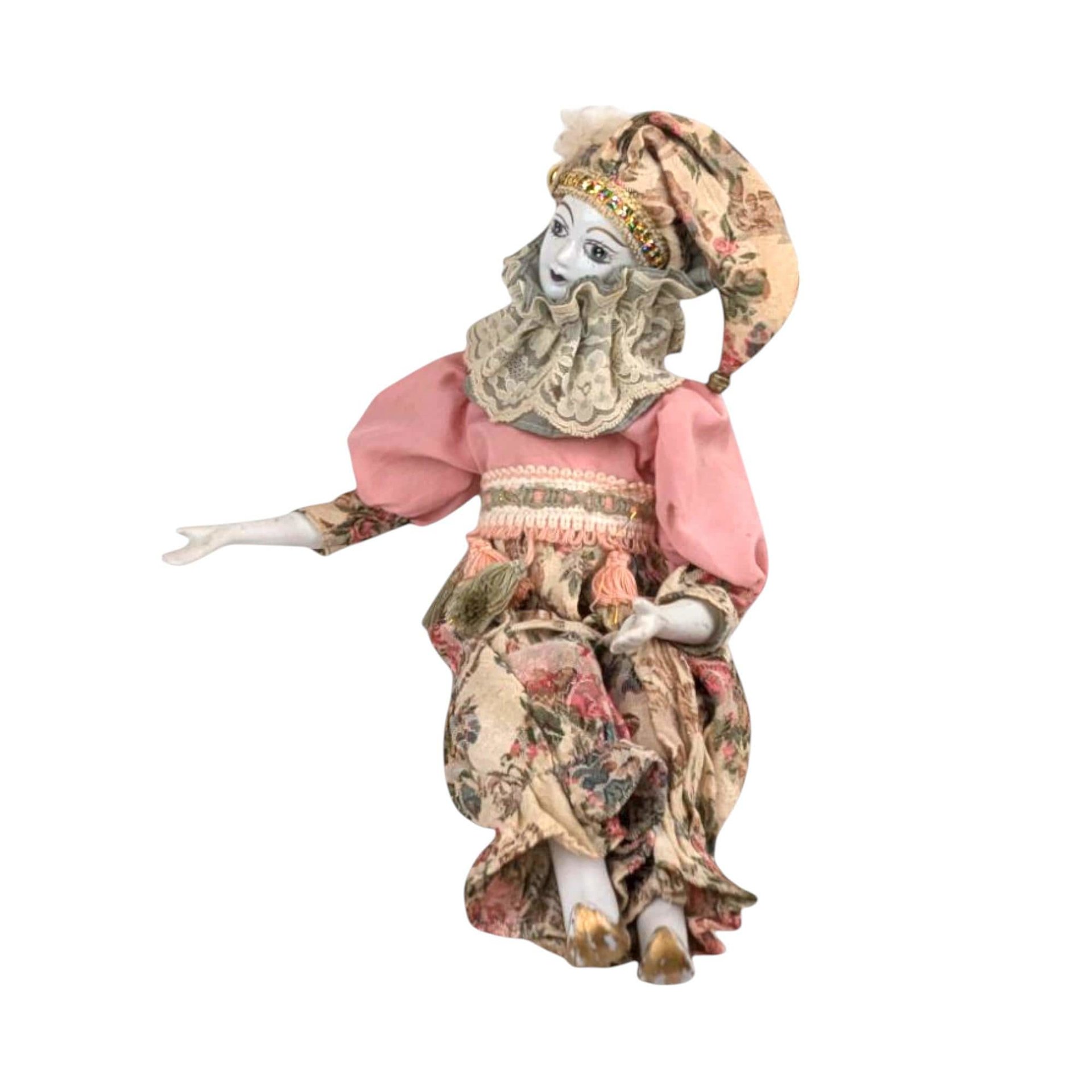 Vintage Harlequin Musical Doll, Porcelain, Floral Costume, 15.5 Inches, Collectible Doll, Working Music Box