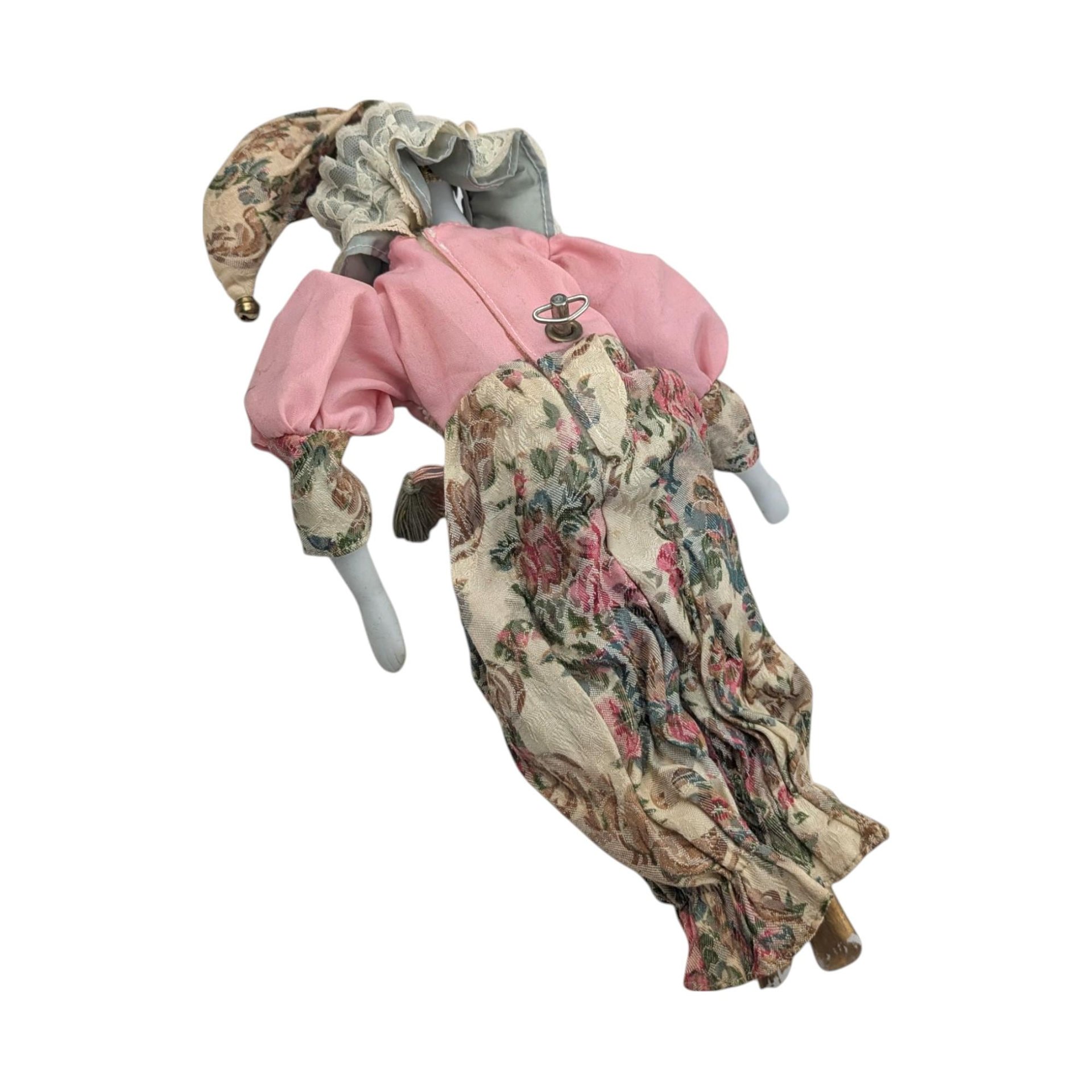 Vintage Harlequin Musical Doll, Porcelain, Floral Costume, 15.5 Inches, Collectible Doll, Working Music Box