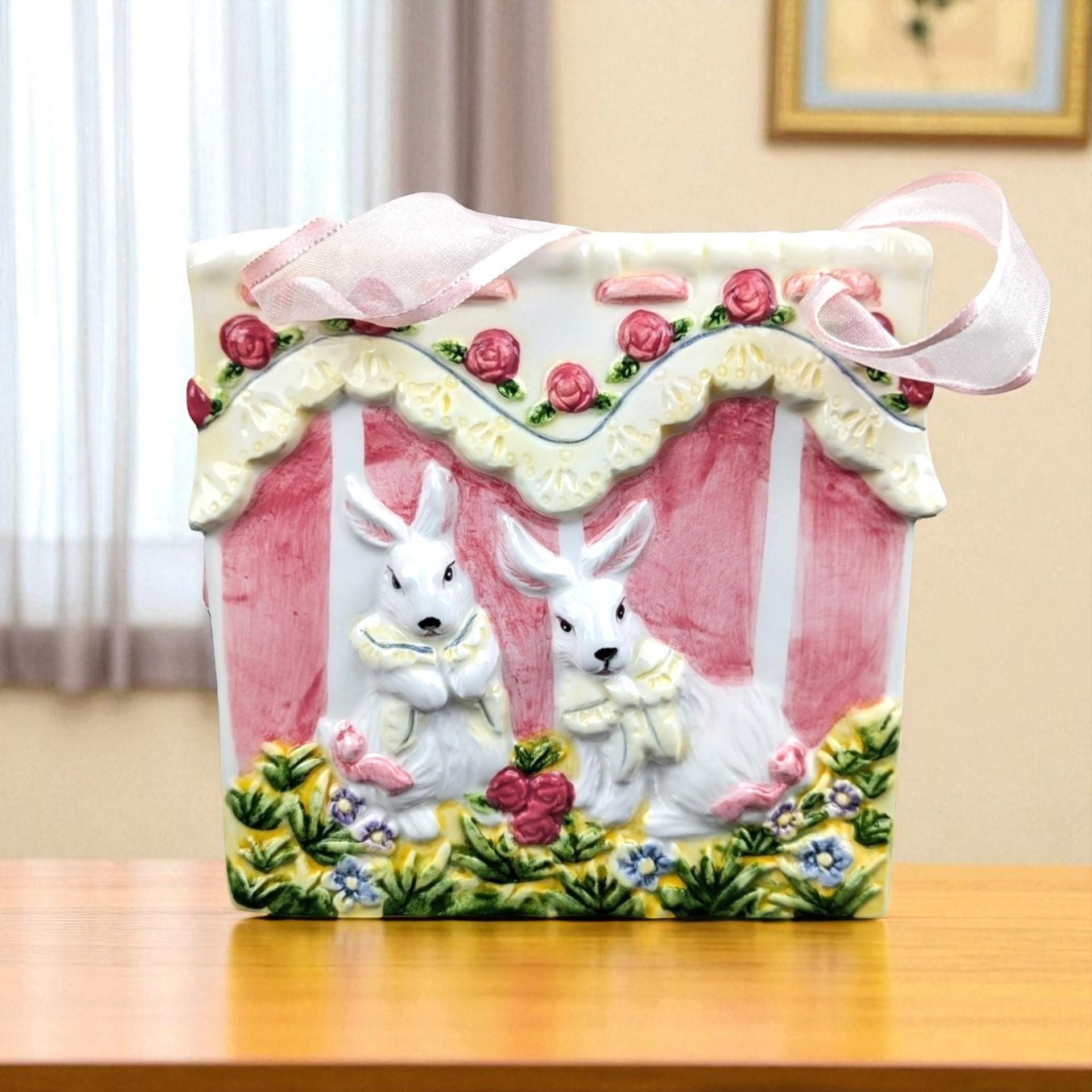 Vintage Ceramic Easter Bunny Bag: Pink Striped Basket Decor
