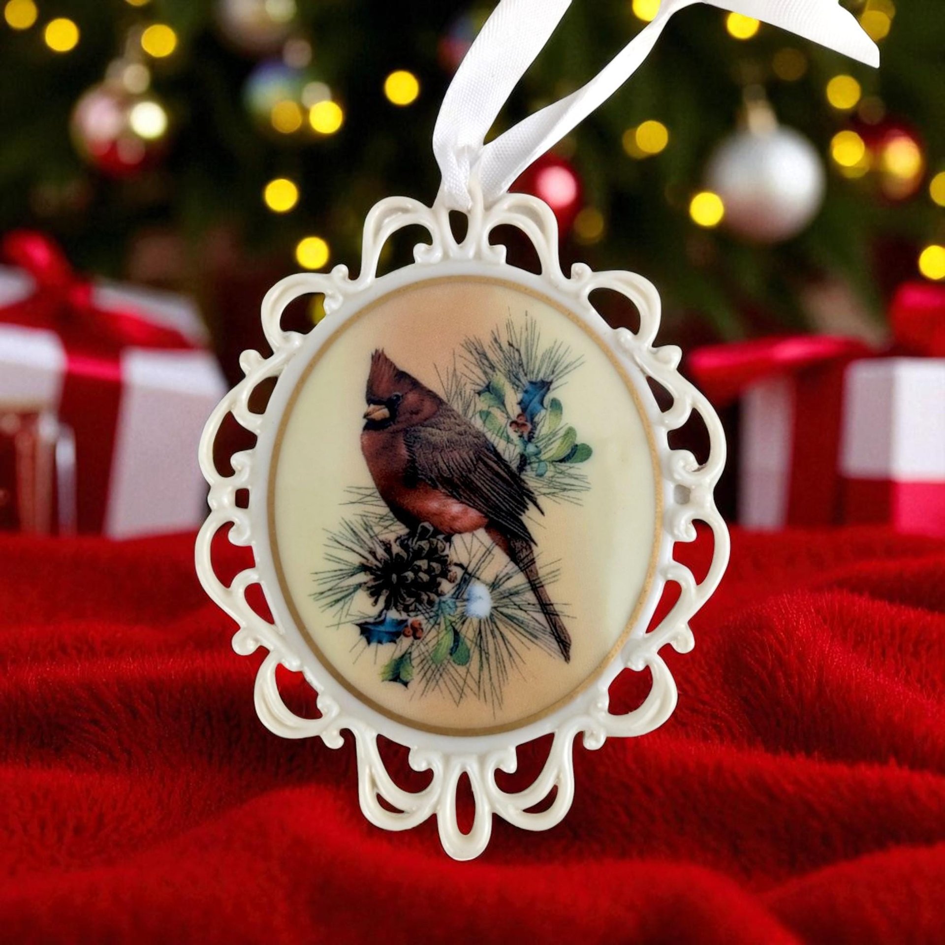 Vintage Lenox Winter Greetings Cardinal Ornament | Porcelain Christmas Ornament | Catherine McClung | Collectible Lenox