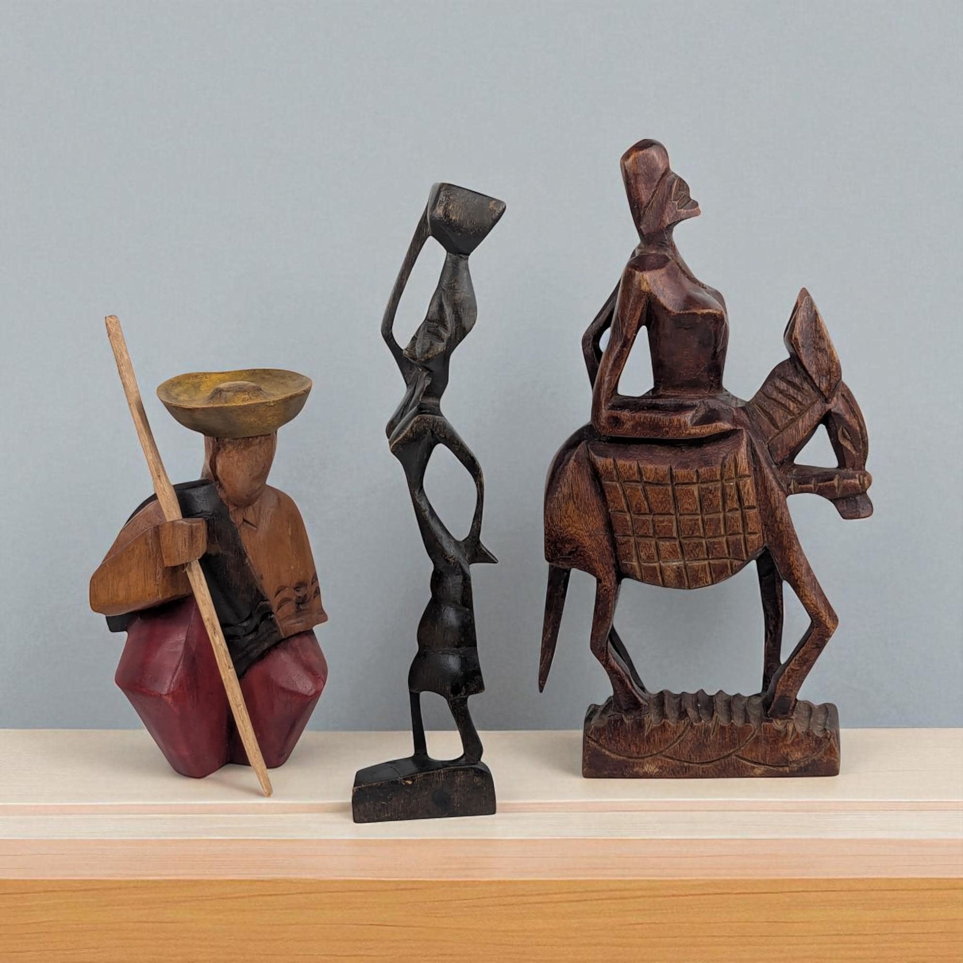 Vintage Hand Carved Wooden Figurines, Tribal Art Decor, African Woman on Horse, Man with Pole, Collectible Wood Carvings