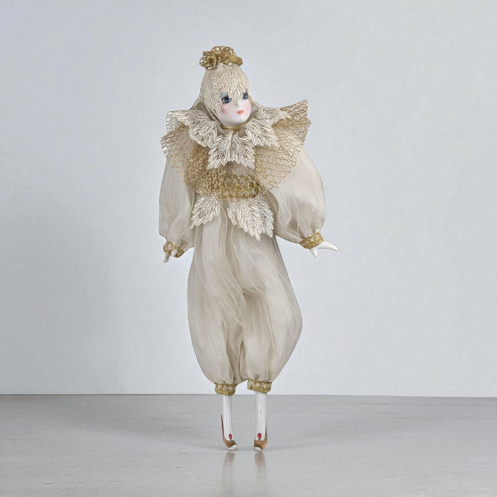 Vintage Cream and Gold Harlequin Doll, Porcelain Head and Limbs, 14 Inch Collectible Doll, Unique Gift for Doll Collectors