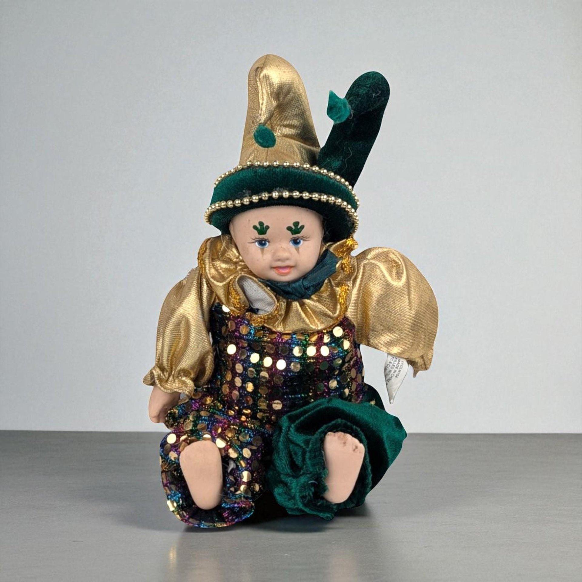 Vintage Little Irish Jester Doll, Porcelain Head Hands Feet, 9.25 Inch Height, Collectible Irish Decor, Whimsical Shelf Display