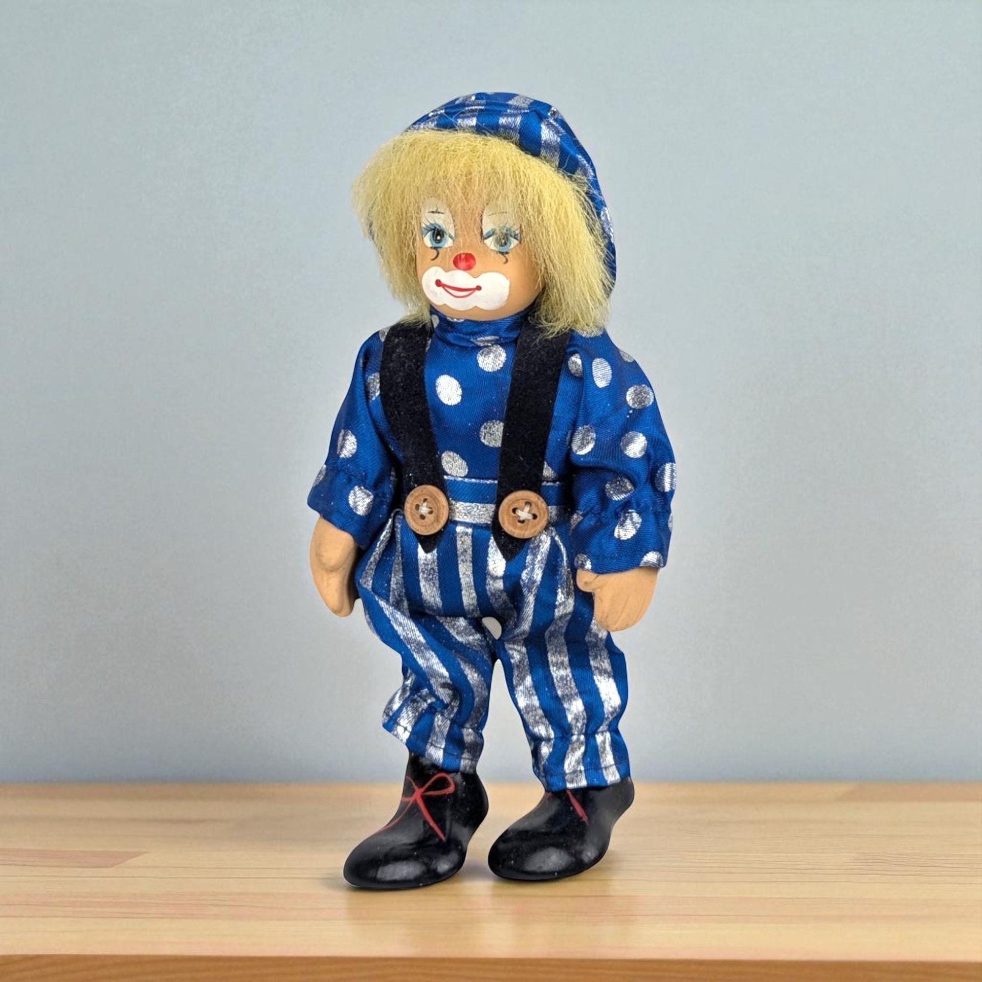 Small Clown Doll, Porcelain Face and Limbs, Blue Polka Dot Outfit, Collectible Display Doll, Whimsical Home Decor, Gift for Clown Lovers