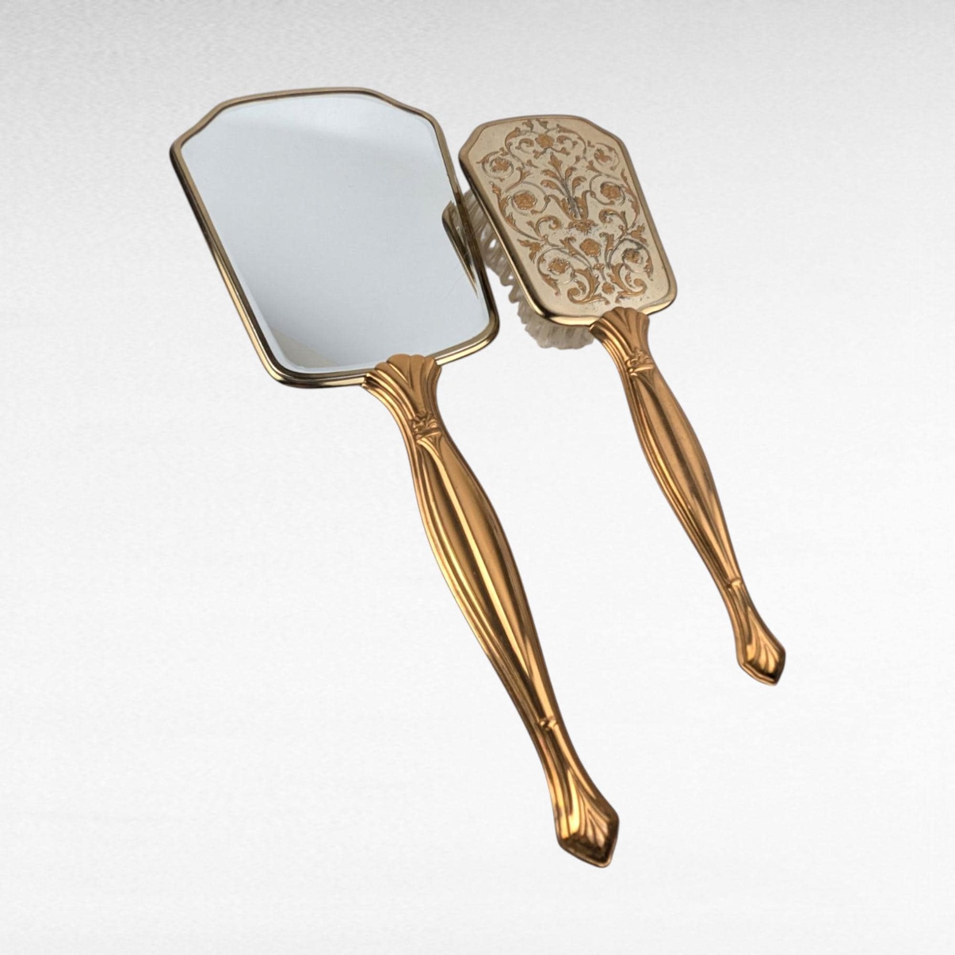 Vintage Vanity Mirror and Brush Set, Gold Tone Floral Damask Dresser Set, Mid Century Hollywood Regency Decor, Hand Mirror and Hairbrush