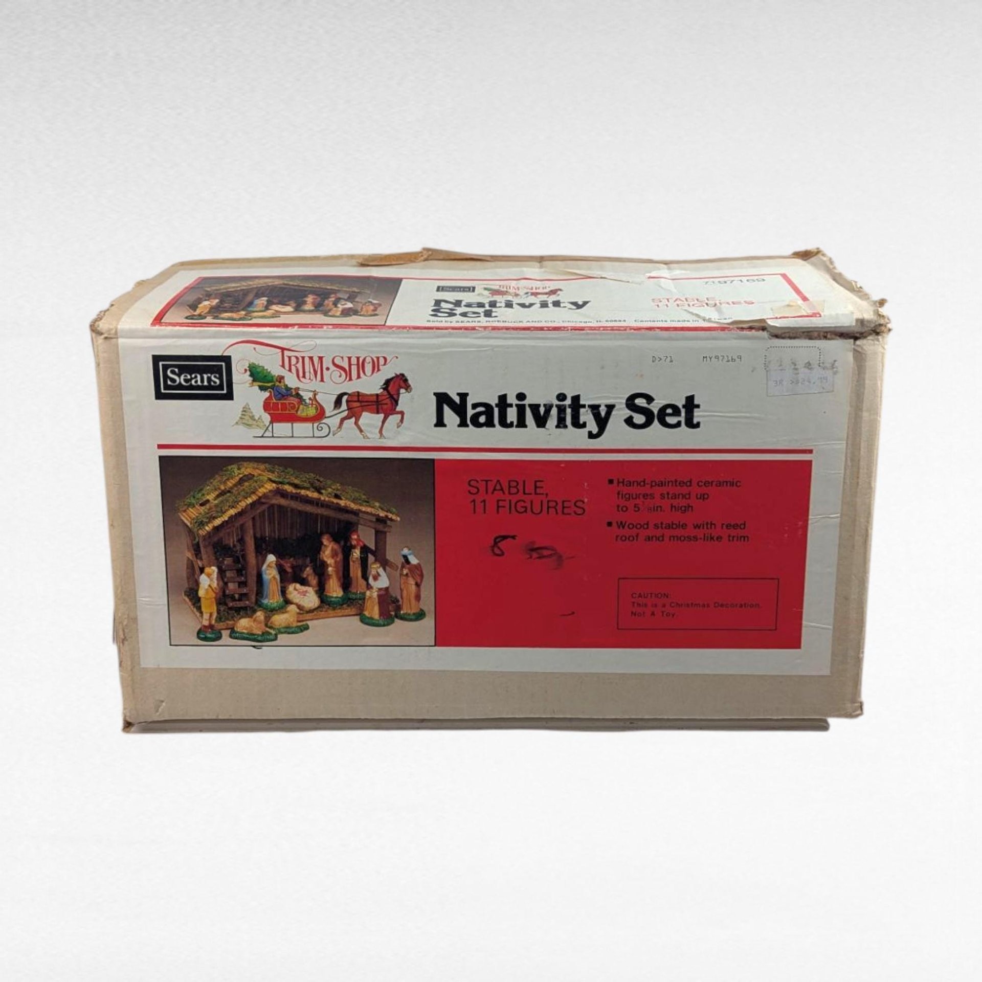 Vintage Sears Nativity Set, 11 Ceramic Figures and Wood Stable, Complete Christmas Manger Scene, Traditional Holiday Decor