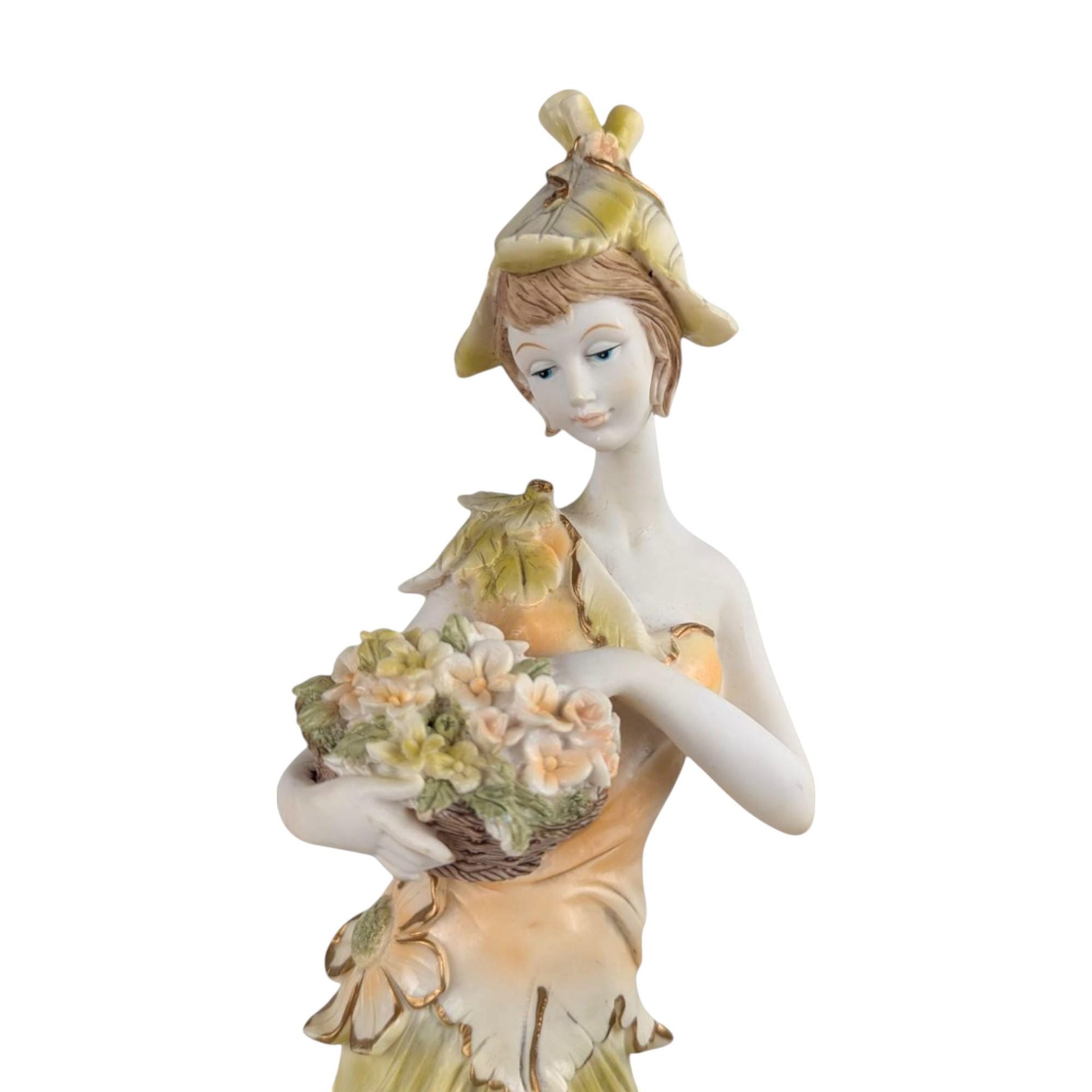 Vintage Resin Woman Figurine, Elegant Dresser Decor, Lady with Flowers, Art Deco Style, Decorative Sculpture