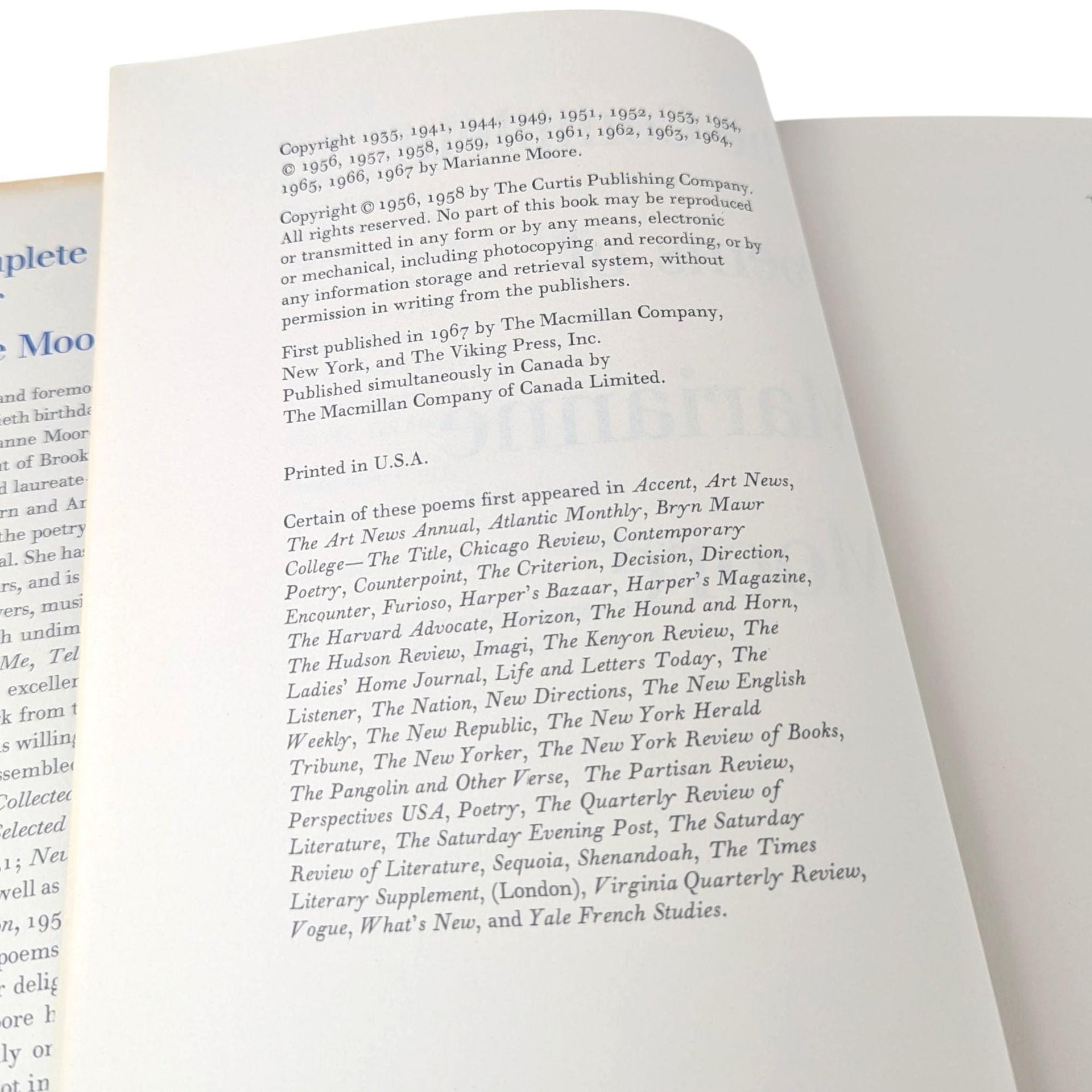 Vintage Marianne Moore: Complete Poems, 1967 Hardcover with Dust Jacket