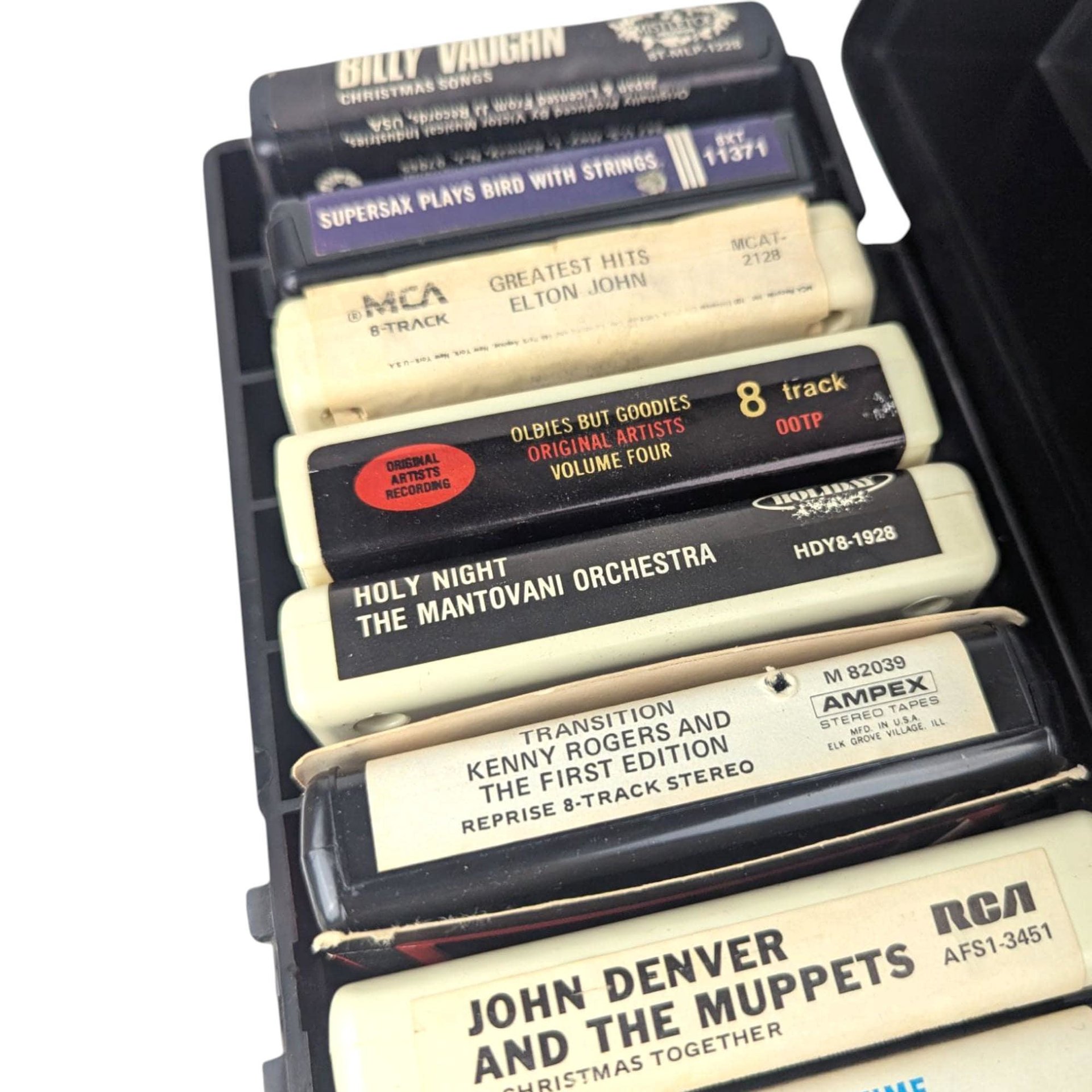 Vintage 1976 8-Track Tape Case with 12 Tapes: Faux Wood Grain Music Storage