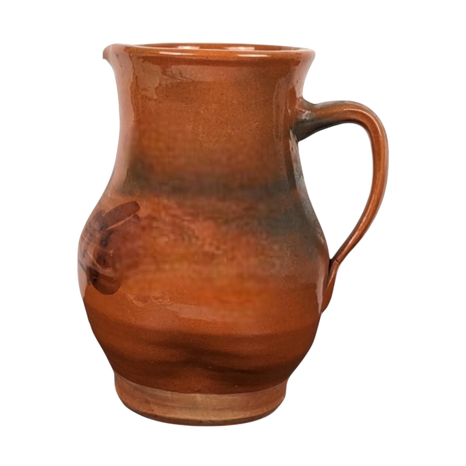 Vintage Handmade Brown Pottery Pitcher: Rustic Country Farmhouse Stoneware