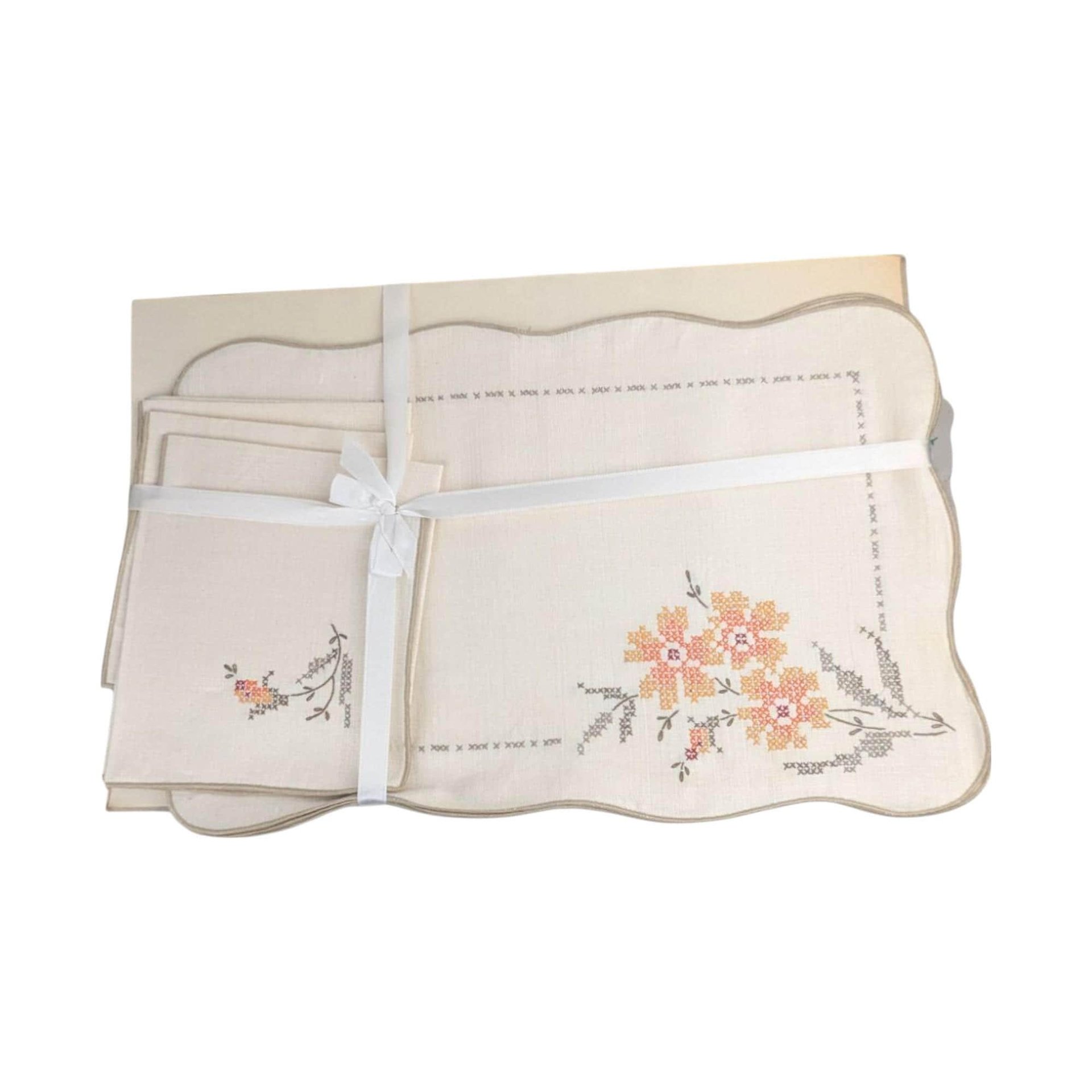 Vintage Bucilla Cross Stitch Placemat Set: Floral Embroidered Linen Napkins