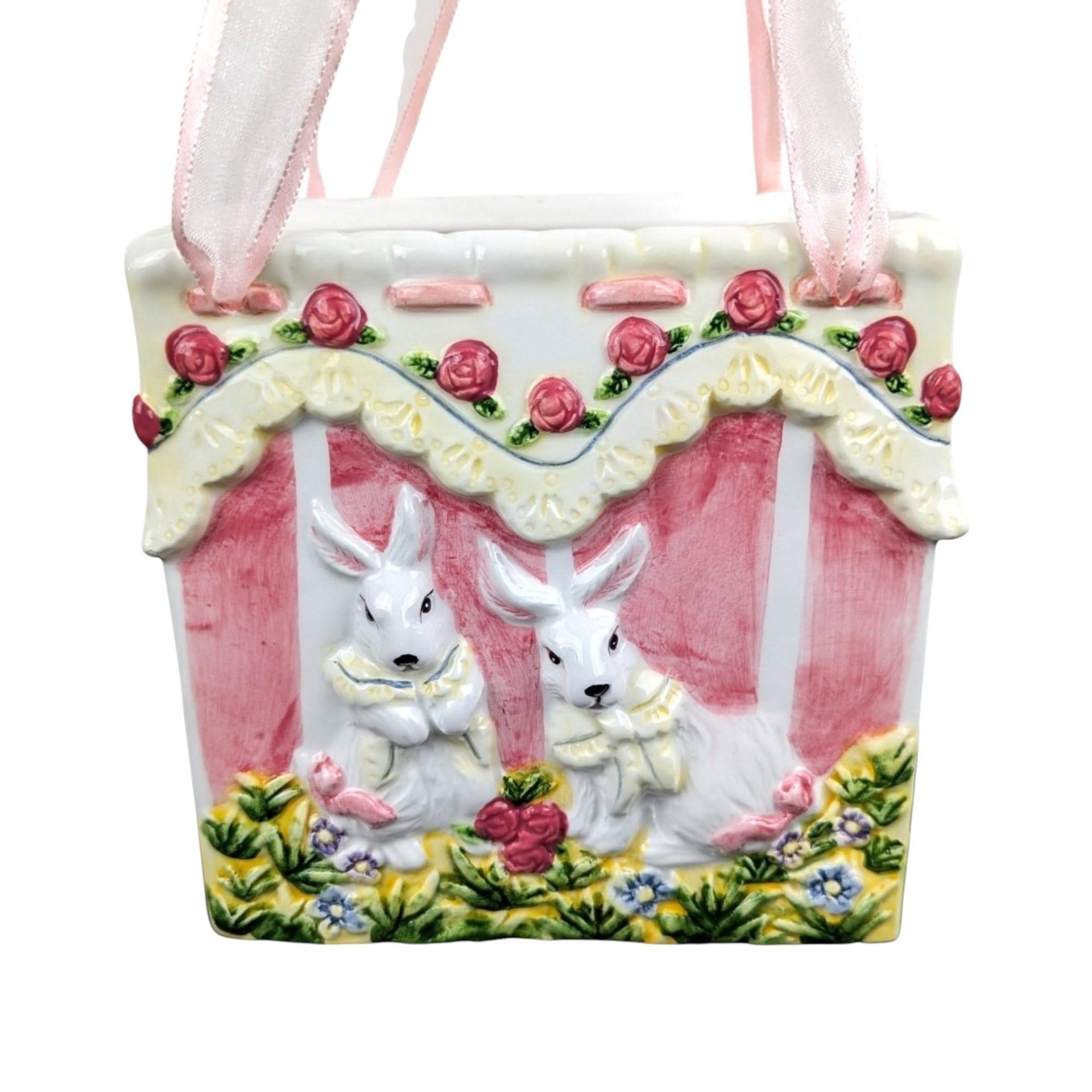 Vintage Ceramic Easter Bunny Bag: Pink Striped Basket Decor