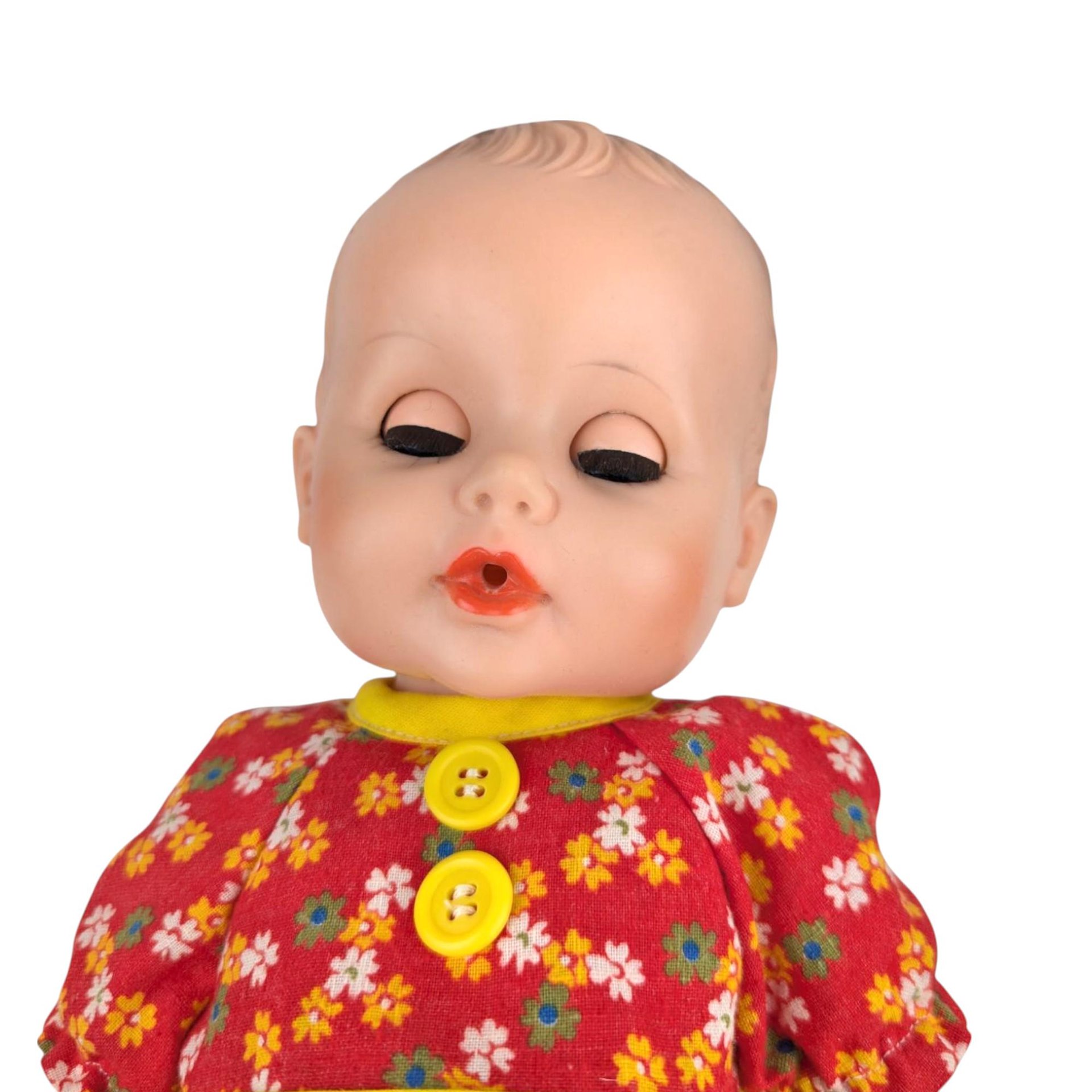 Vintage Eegee Baby Doll 14.5", Red Floral Dress, Moving Arms & Legs, Open and Close Eyes, Collectible Doll, Play Doll