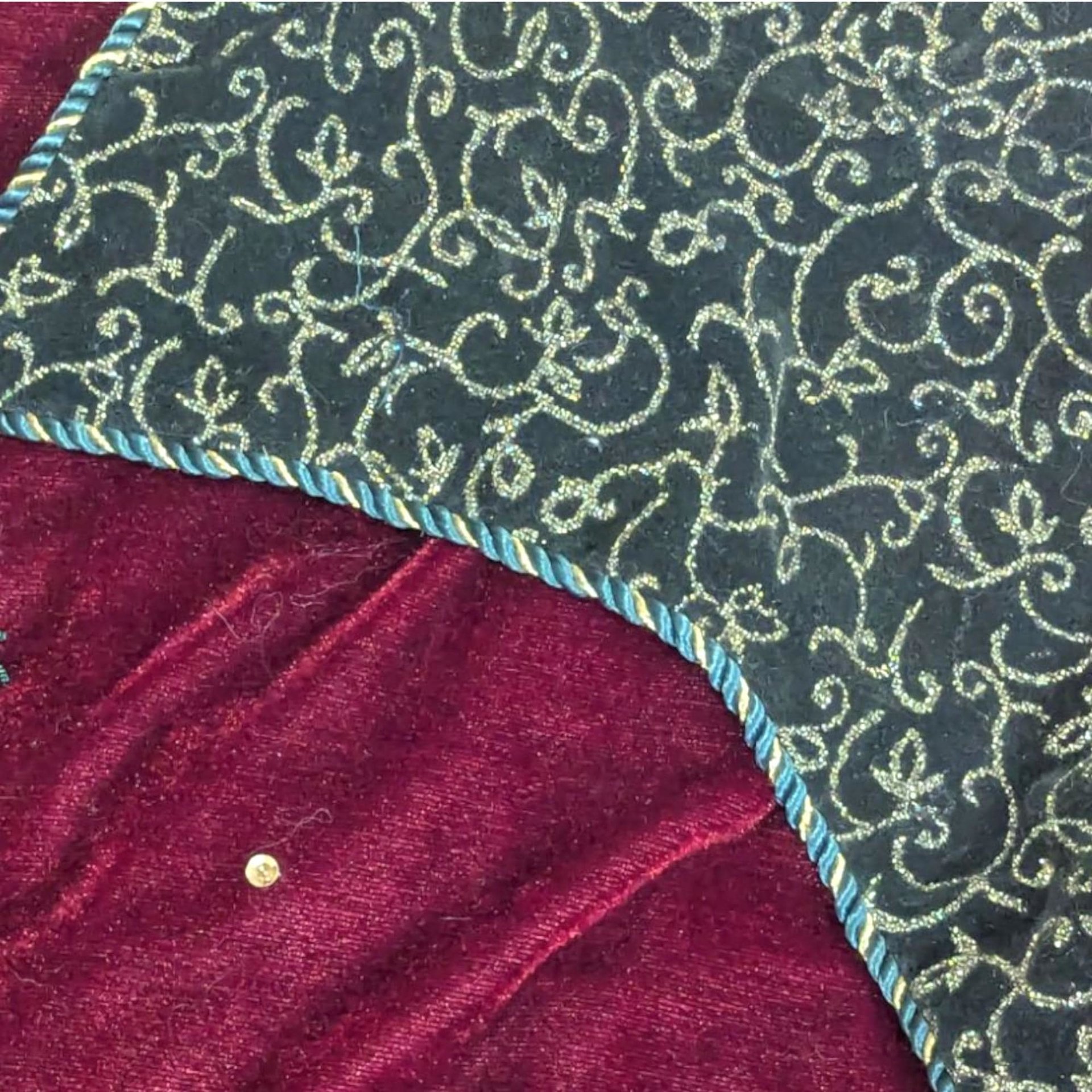 Vintage Handmade Burgundy and Green Velvet Shawl with Eyelet Clasps, One-Size, Warm, Festive