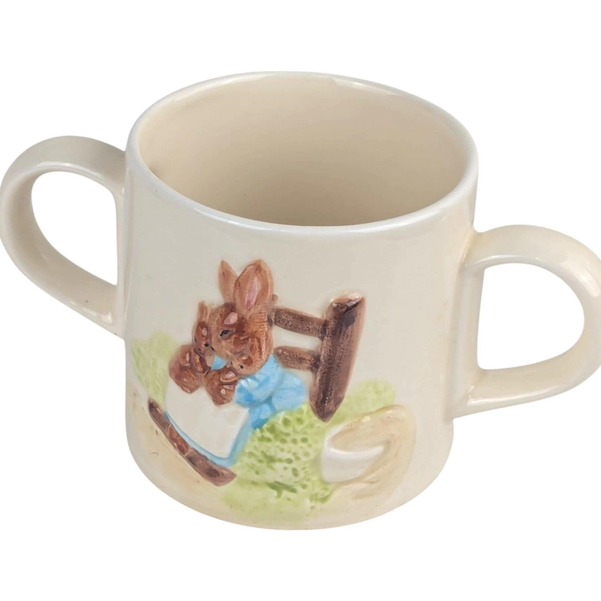 1987 Schmid Beatrix Potter Mrs. Rabbit 2 Handled Ceramic Cup, Vintage Children's Mug, Collectible Beatrix Potter, Gift for Nursery