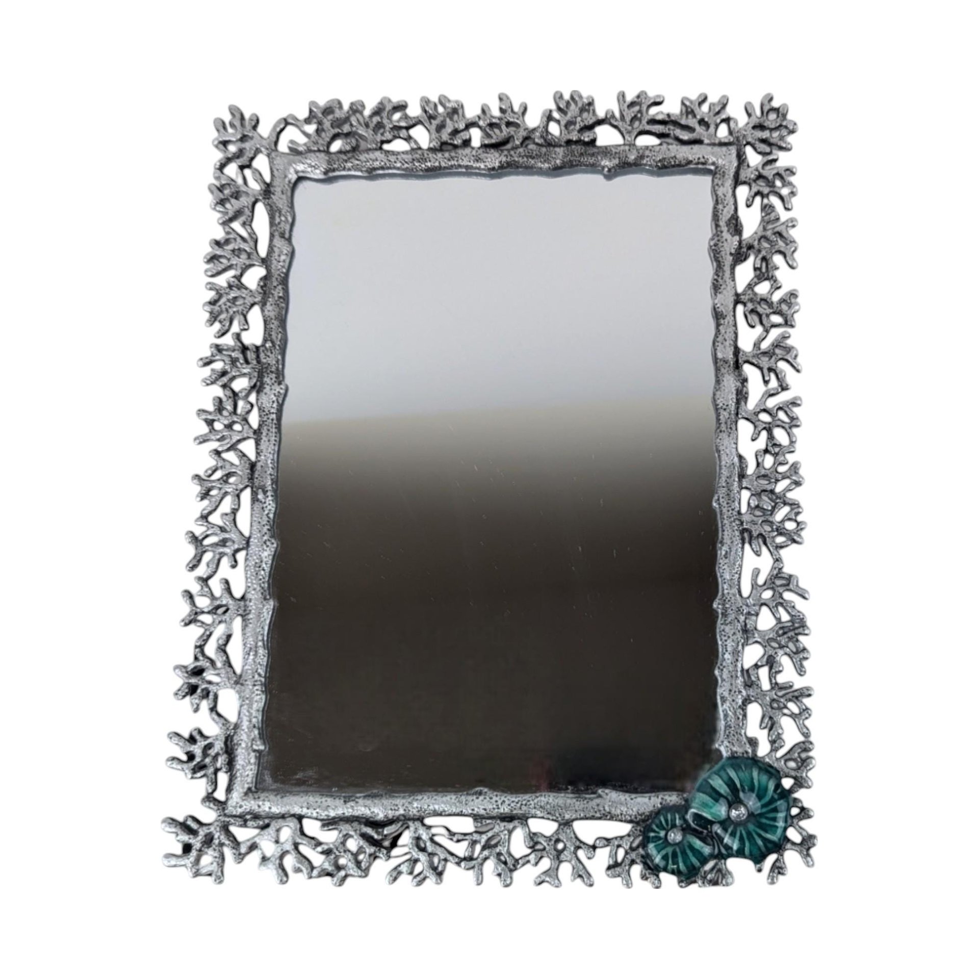 Vintage Pier One Metal & Enamel Mirror, Aqua Conch Shell Accent, Coastal Decor, Beach House Gift, Small Decorative Mirror