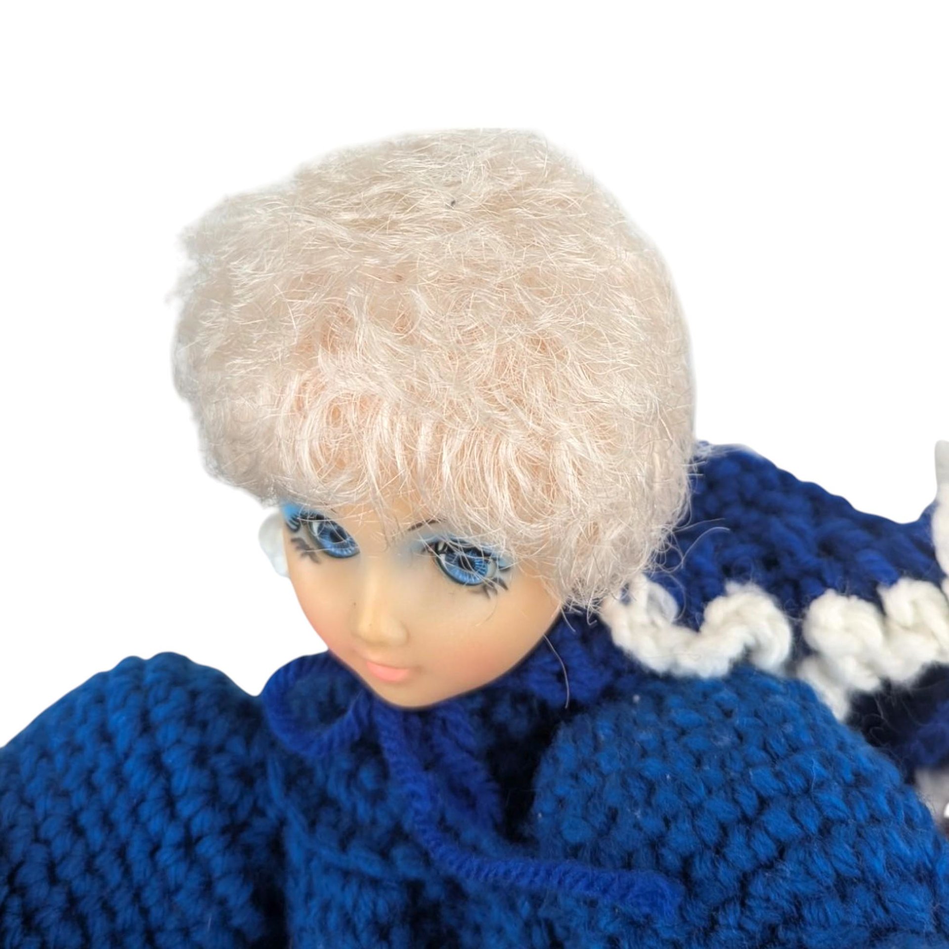 Vintage Handmade Crochet Lady Doll, Blue Dress and Bonnet, Folk Art Doll, Textile Art, Collectible Doll, Unique Gift, Home Decor