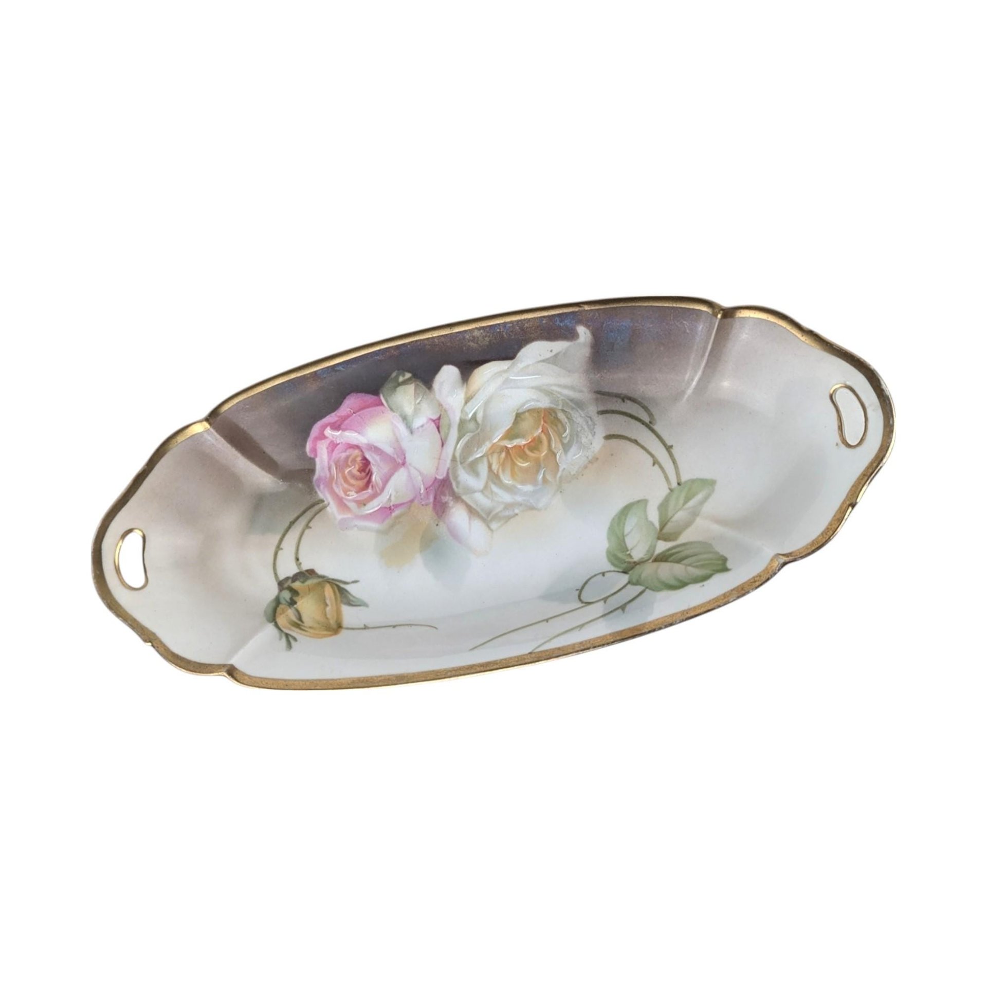 Vintage Suhl Germany Floral Celery Tray / Dresser Tray, 12" Oval Porcelain Serving Dish, Hand Painted Rose Design, Vanity Tray, Gift for Her