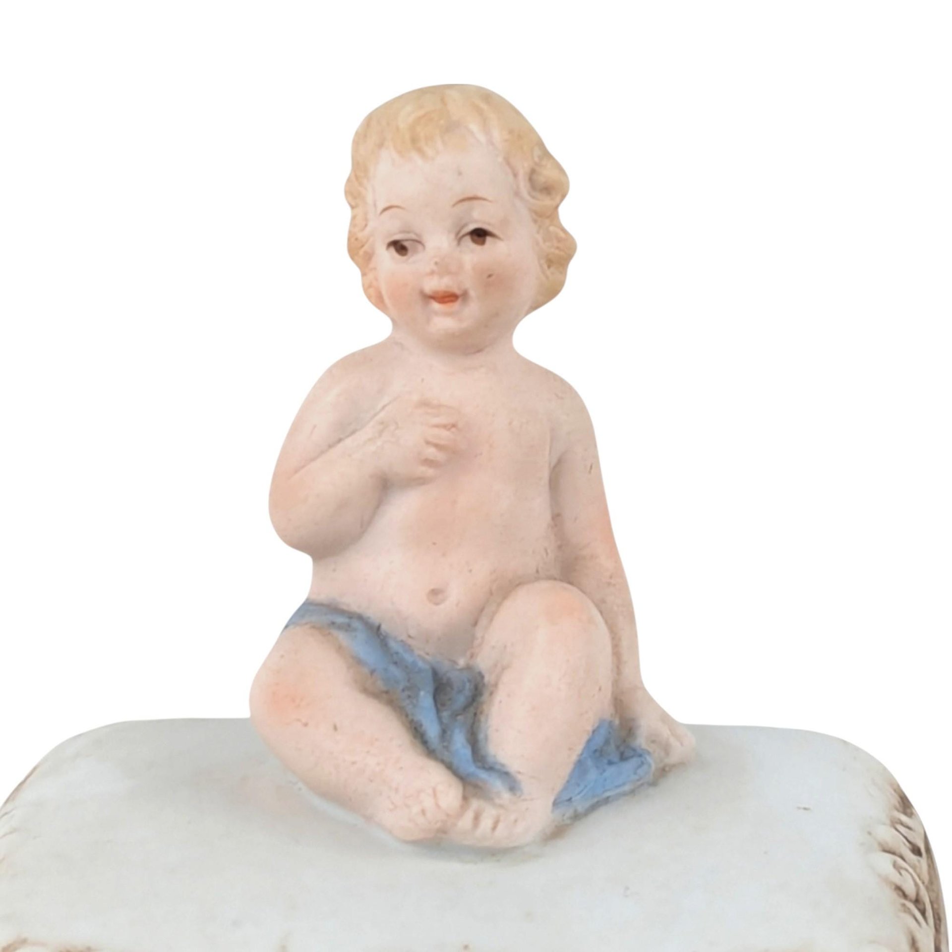 Bisque Porcelain Trinket Box, Baby with Blue Blanket Figurine, Keepsake Box, Nursery Decor, Gift for Baby Shower, Christening Gift
