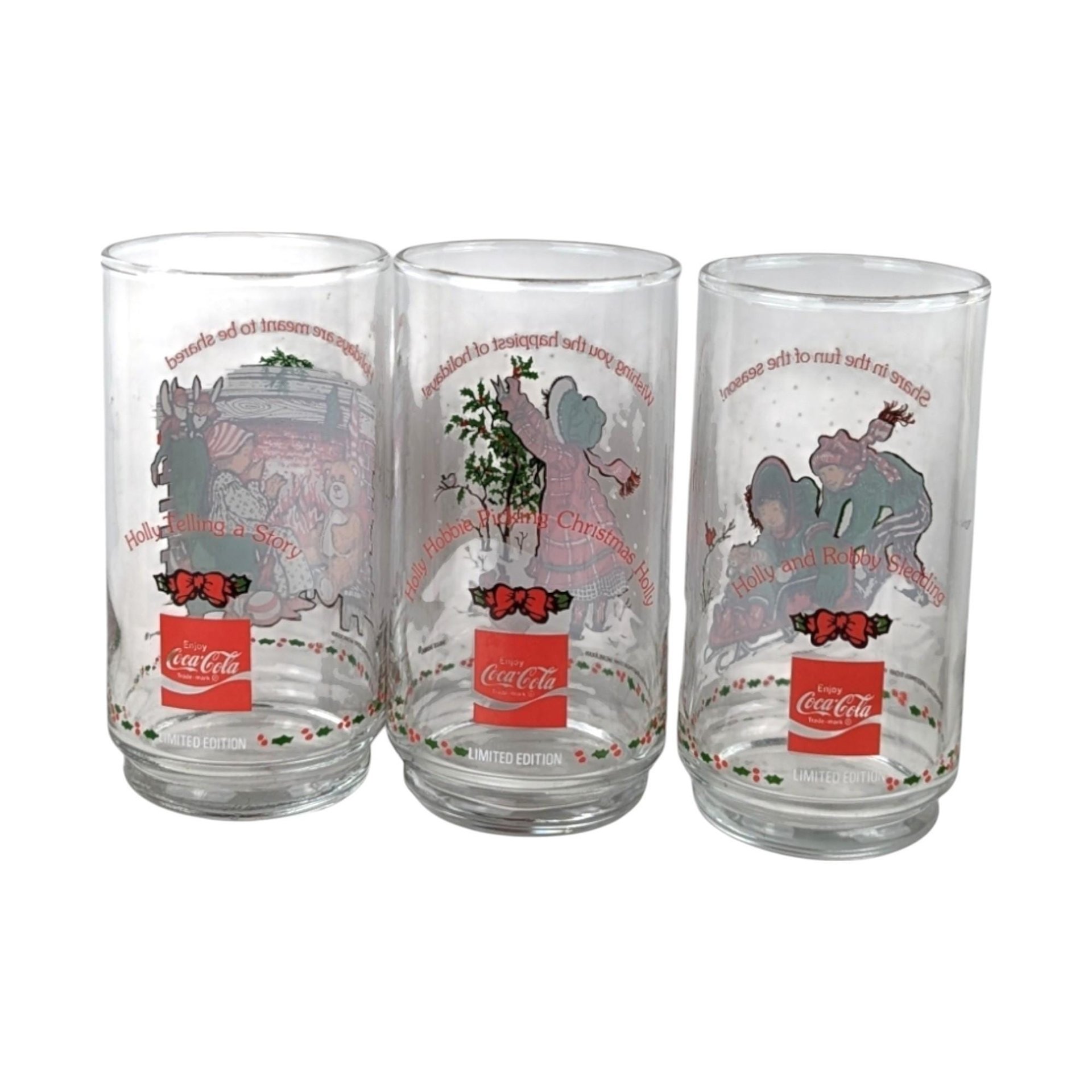 1982 Coca Cola Holly Hobbie Christmas Glasses, Vintage Set of 3, Holiday Drinkware, Collectible Coca Cola Glasses, Gift for Nostalgia Lovers