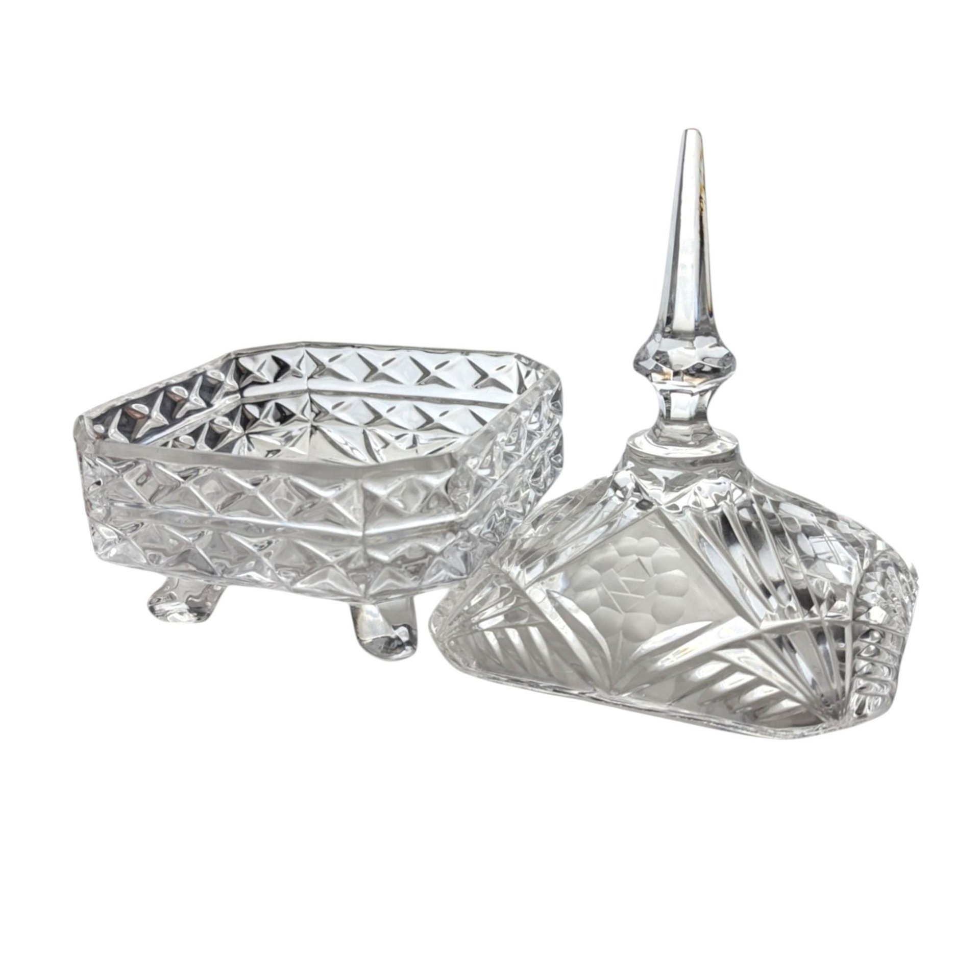 Vintage Crystal Candy Bowl with Lid, 10"H, Diamond Pattern Glass, Footed Bowl, Home Decor, Hostess Gift, Candy Jar