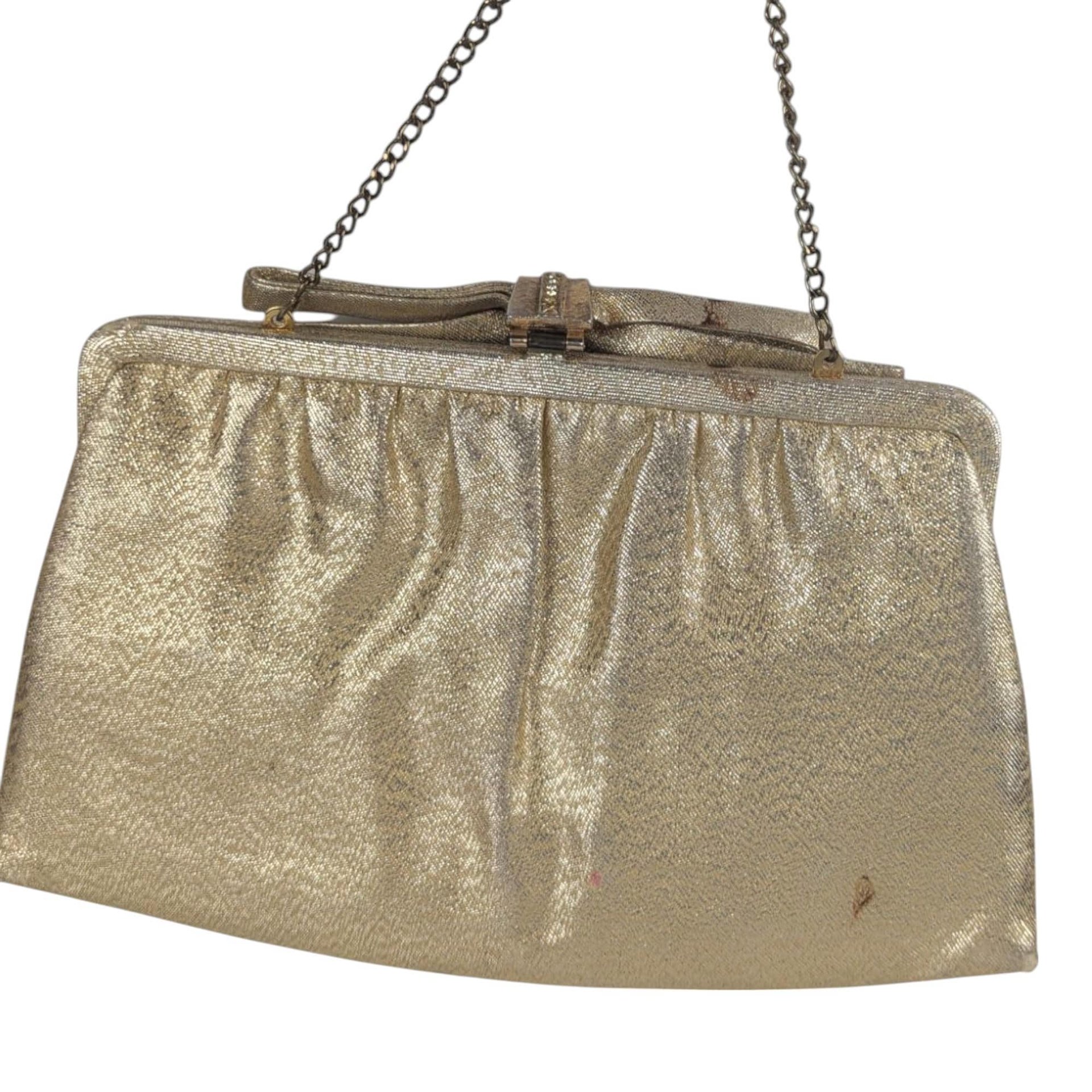 Vintage Gold Handbag, Evening Bag, Clutch Purse, Rhinestone Clasp, Retro Style, Mid-Century Fashion