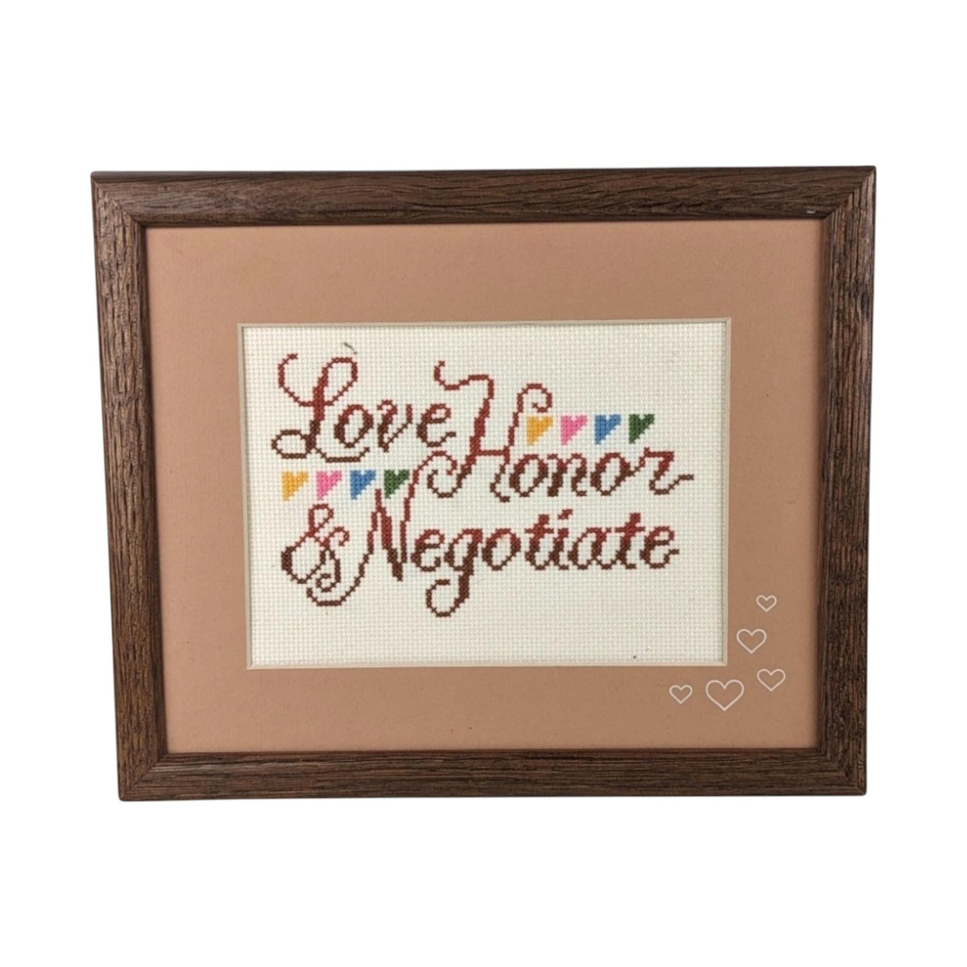 Vintage Framed Cross Stitch "Love, Honor, & Negotiate" | Funny Cross Stitch | Wedding Gift | Anniversary Gift | Home Decor