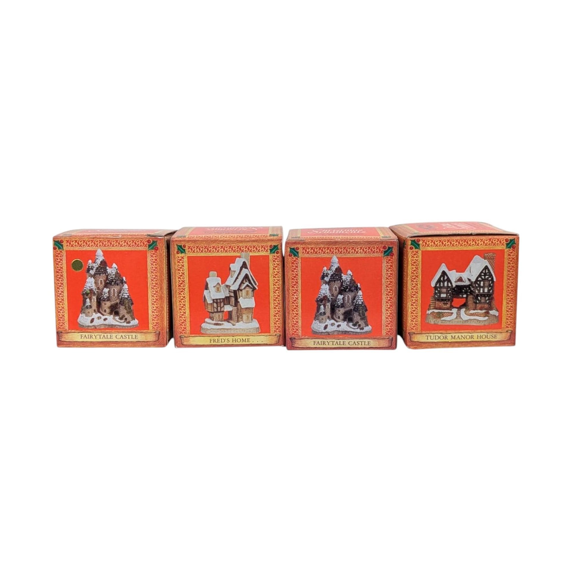 Set of 4 Vintage David Winter Christmas Ornaments, Fairytale Castle, Tudor Manor, Collectible Holiday Decor, Gift for Collector