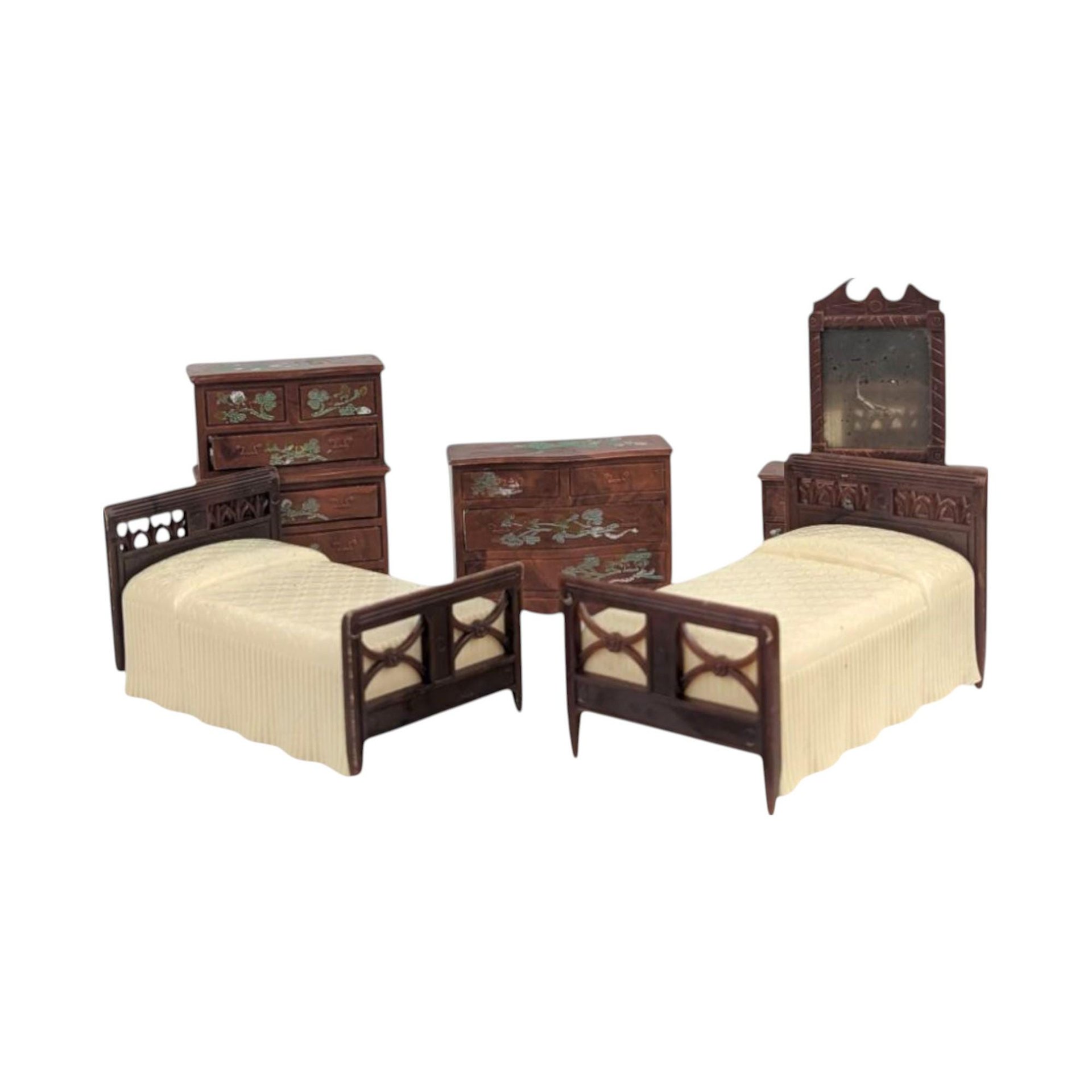 Vintage Renwal Dollhouse Bedroom Set, 1:16 Scale Modern Furniture, Miniature Beds Dressers Vanity, 1950s Collector Toy