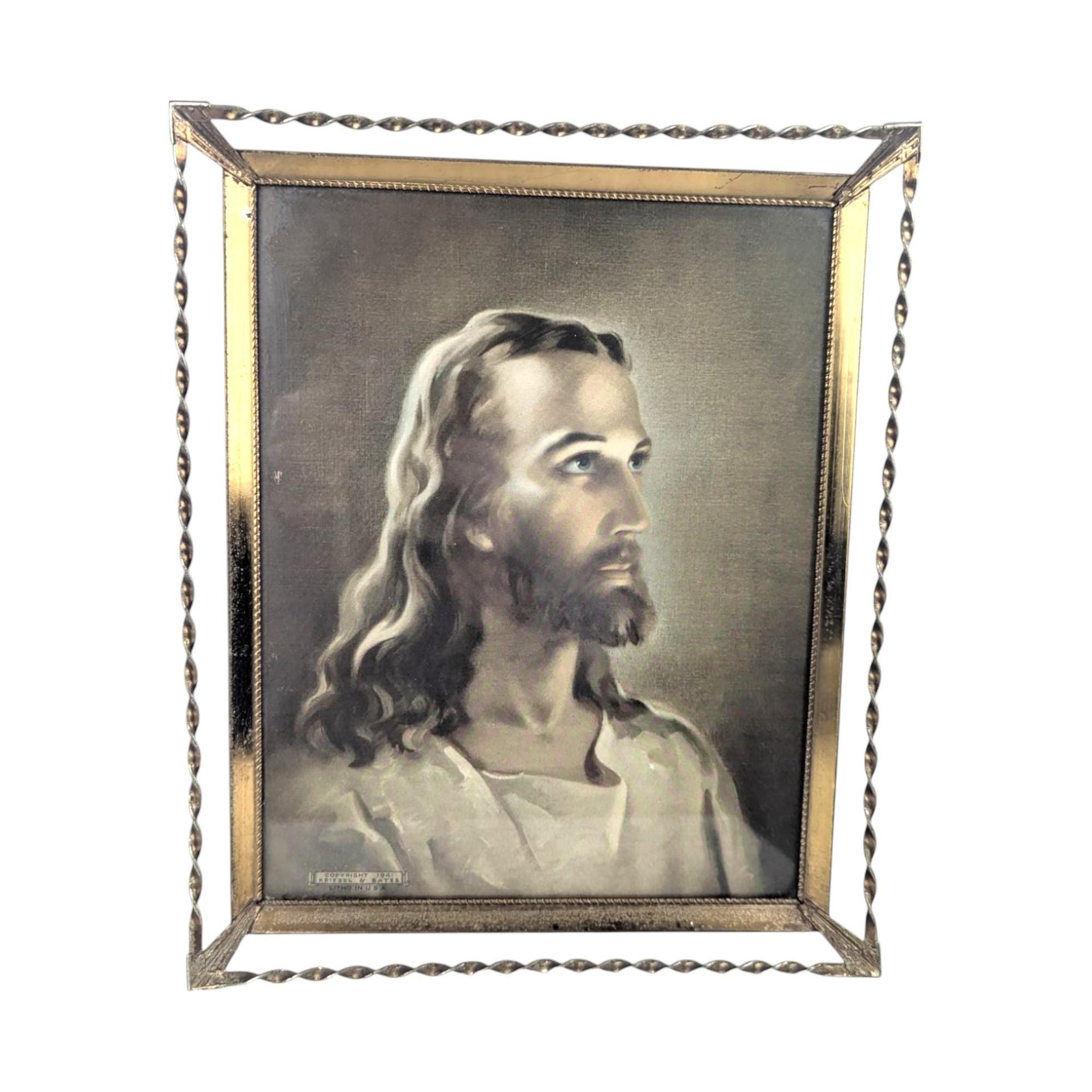 Vintage Head of Christ Print - Kriebel and Bates Religious Art - Distressed Metal Frame - Spiritual Home Decor - Gift for Devout