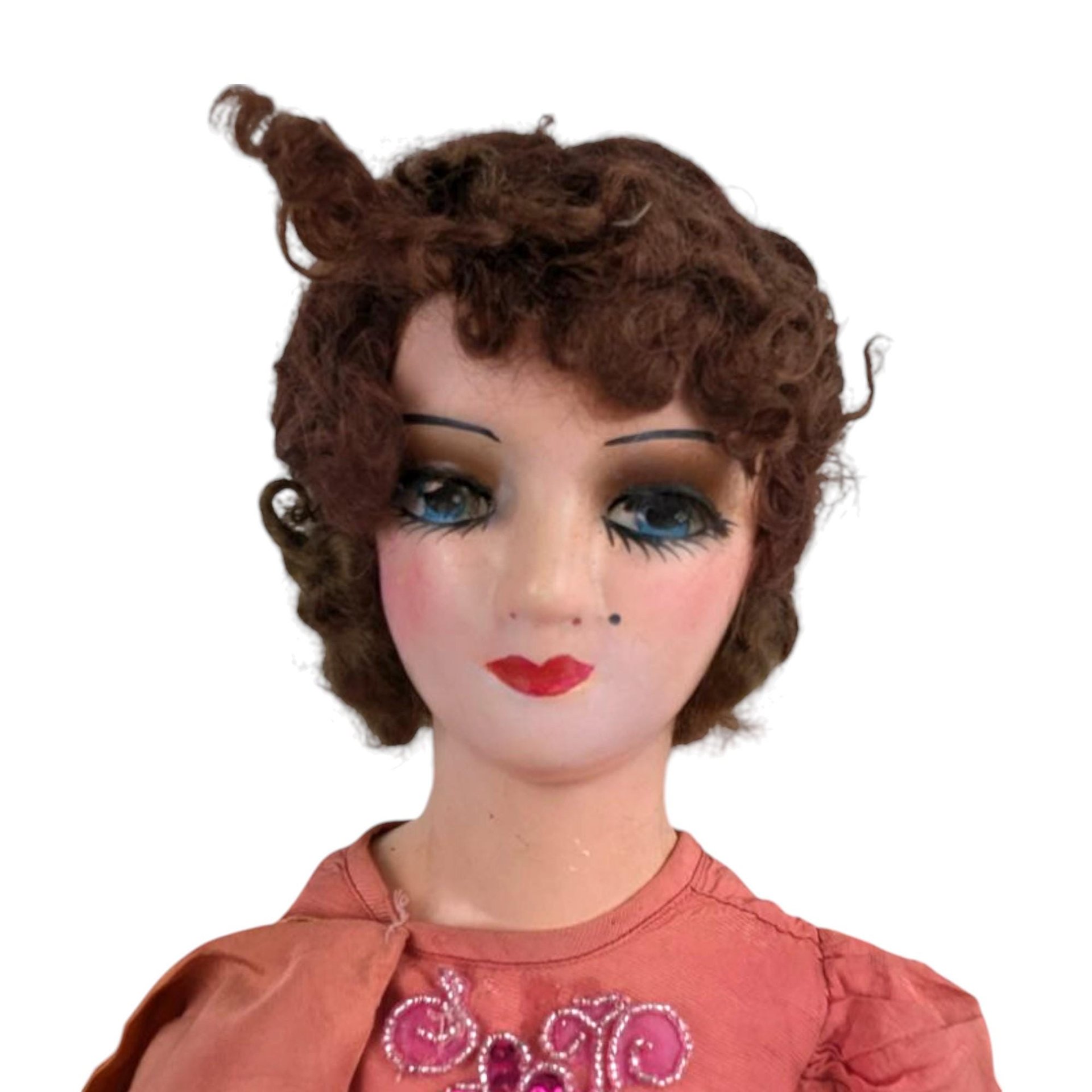 Antique Boudoir Bed Doll - 30" Tall with Orange Dress - Doll with Character - Shabby Chic Decor - Collector's Item