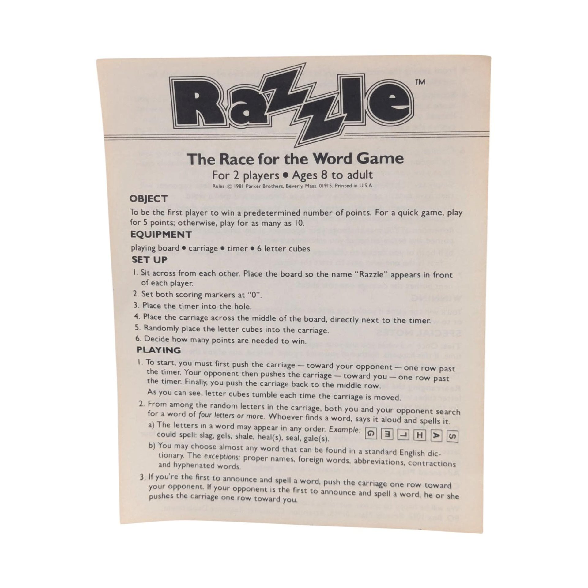 1981 Parker Brothers Razzle Word Game, Complete with Instructions, Vintage Word Challenge, Family Game Night, Gift for Game Collectors