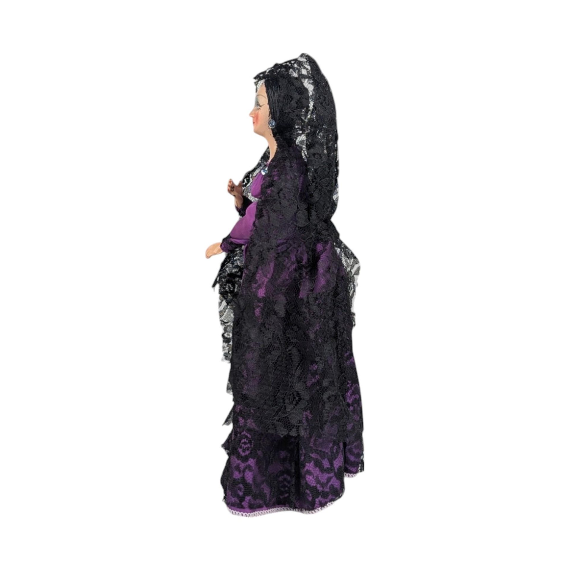 Vintage 1960s Spanish Flamenco Dancer Doll, Purple Dress, Black Lace, 11 Inches, Collectible Doll, Gift for Doll Collectors, Vintage Decor