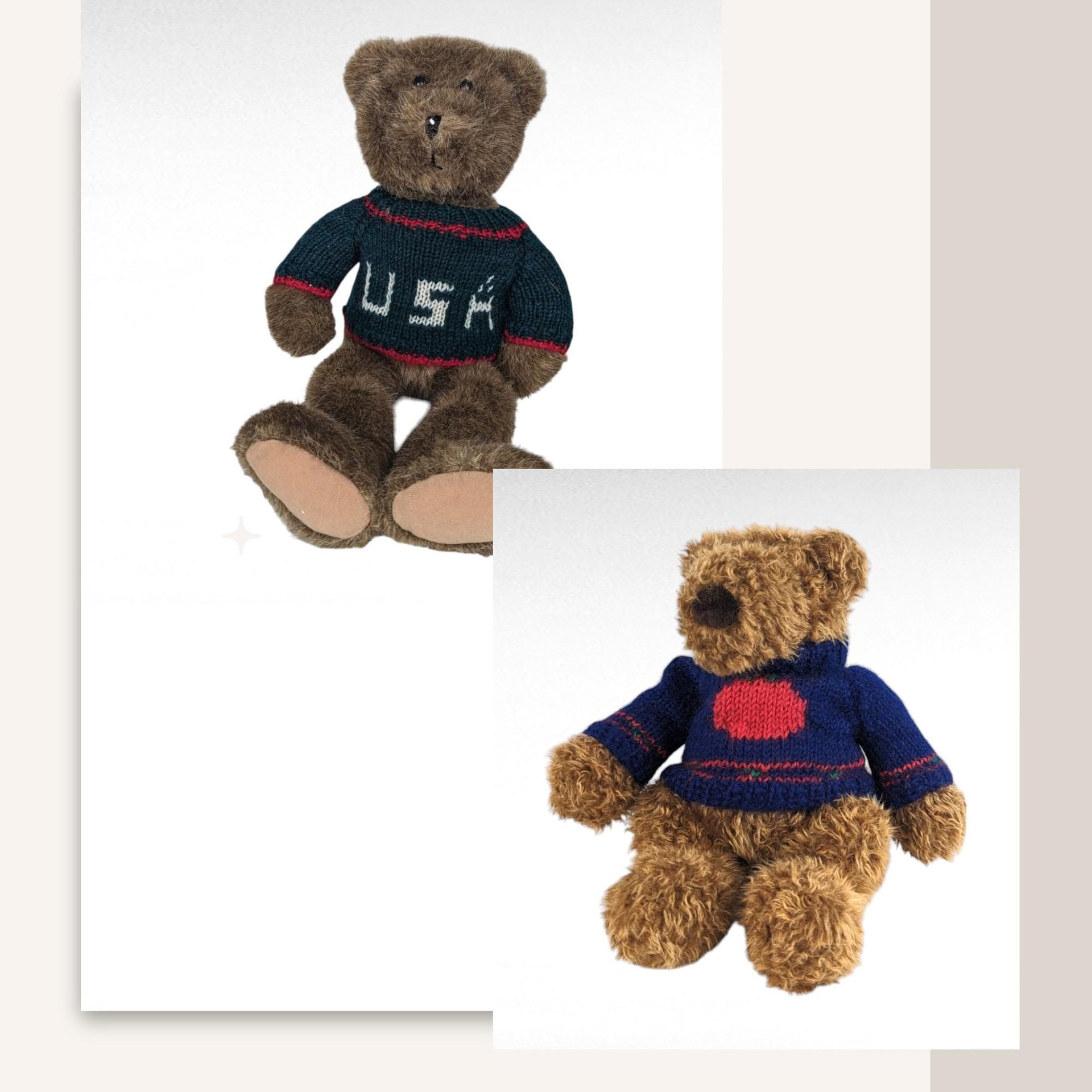 Vintage Sweater Bear Plush Pair - Gund Apple Sweater Teddy, Commonwealth USA Sweater Bear - Collectible Plushies, Vintage Toys, Gift Ideas