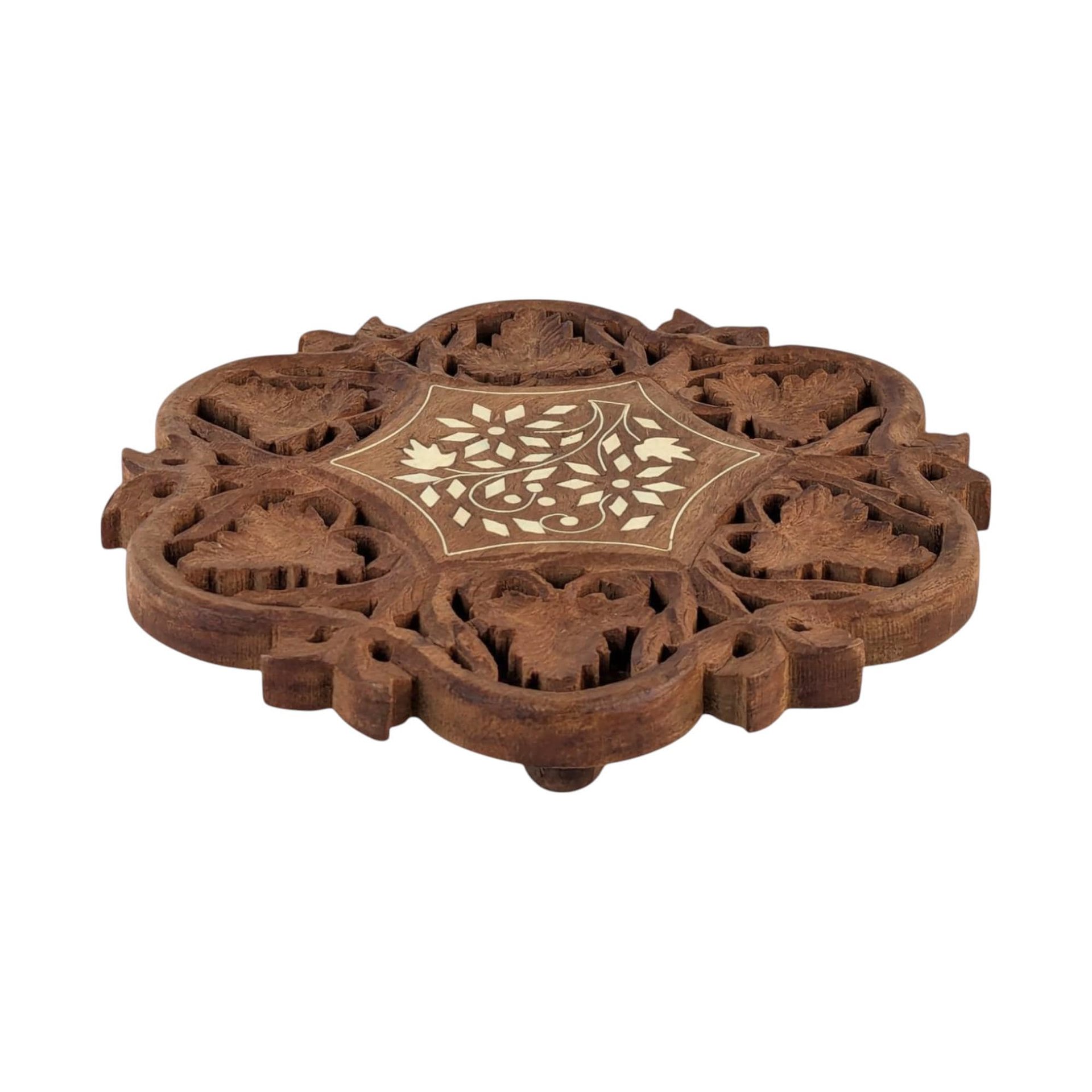 Vintage Indian Wooden Trivet, Carved Floral Design, 8 Inch, Handmade Kitchen Decor, Rustic Table Protector