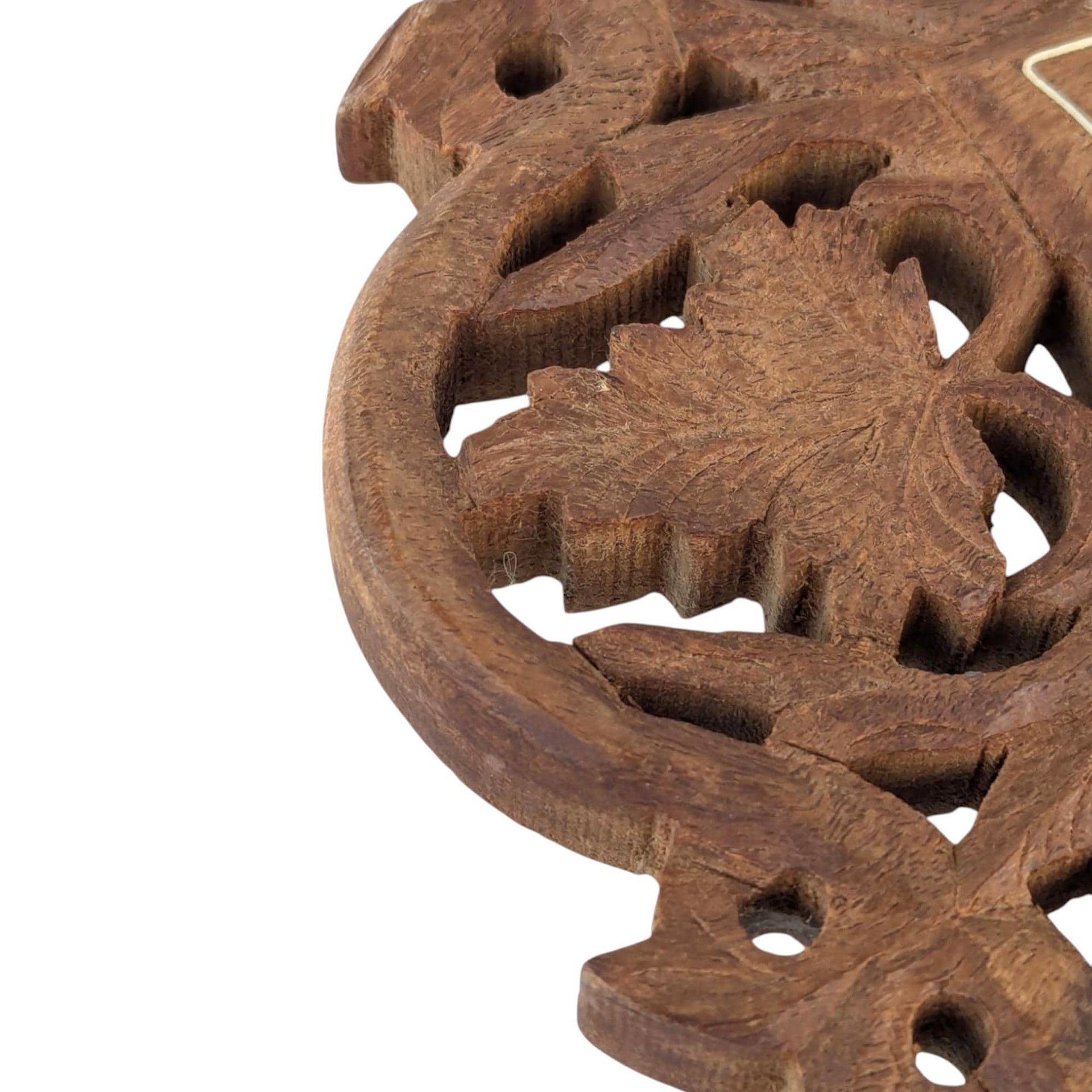 Vintage Indian Wooden Trivet, Carved Floral Design, 8 Inch, Handmade Kitchen Decor, Rustic Table Protector