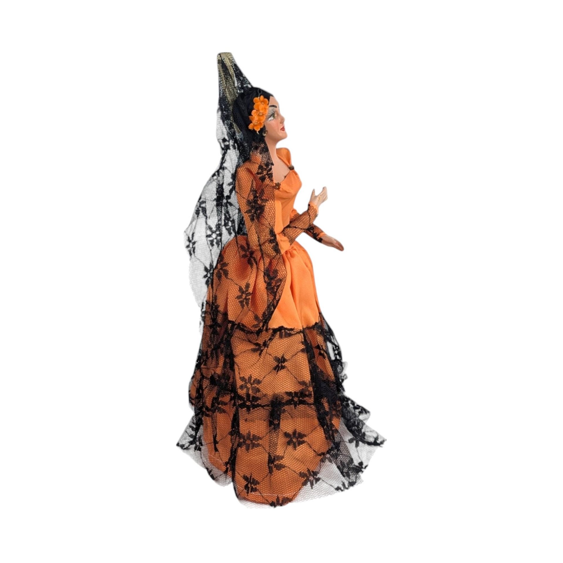 Vintage 1960s Spanish Flamenco Dancer Doll, Orange Dress, Black Lace, 11 Inches, Collectible Doll, Gift for Doll Collectors, Vintage Decor