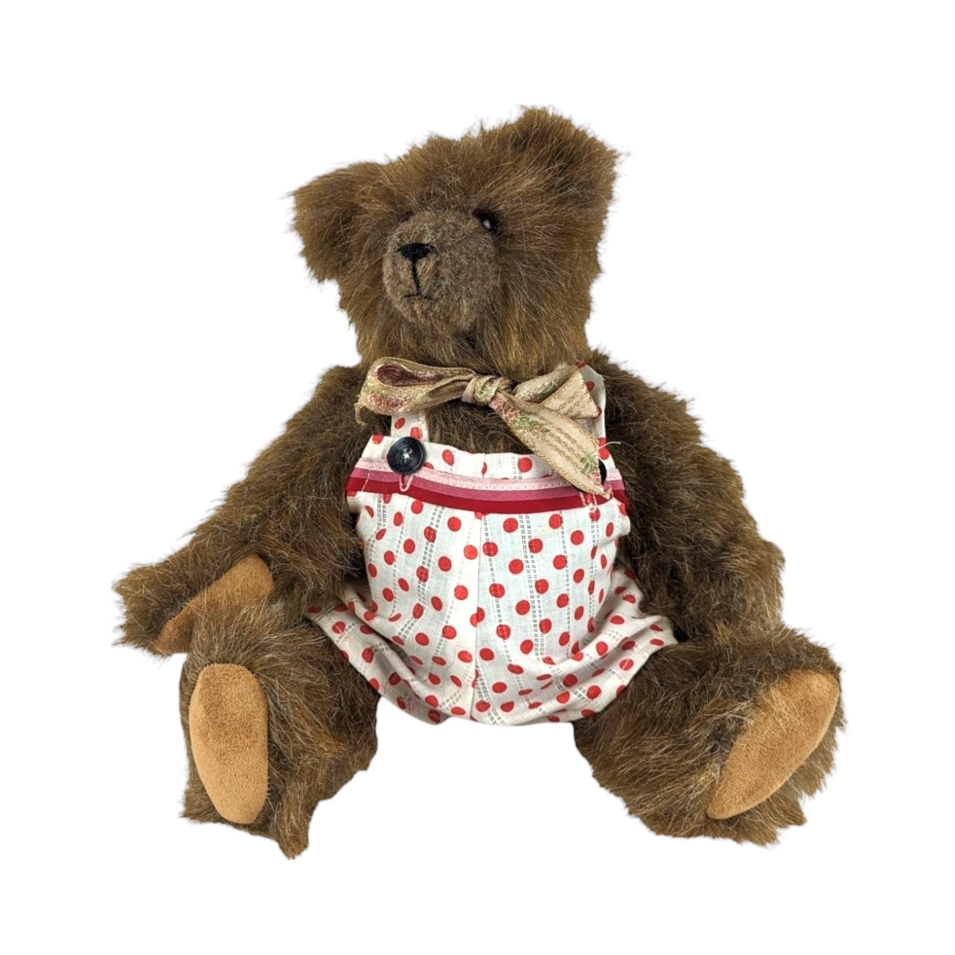 Vintage Brown Plush Teddy Bear, Polka Dot Outfit, Movable Limbs, 11" Tall, Collectible Teddy Bear, Children's Toy, Nursery Decor