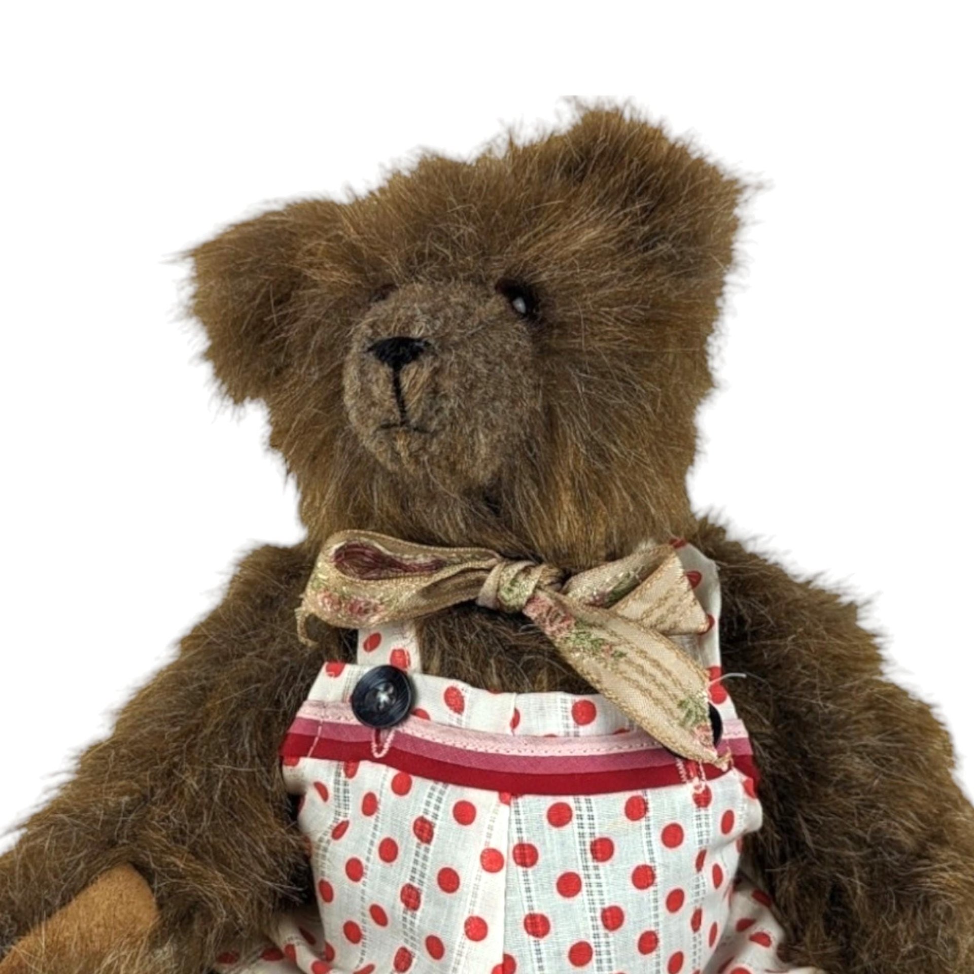 Vintage Brown Plush Teddy Bear, Polka Dot Outfit, Movable Limbs, 11" Tall, Collectible Teddy Bear, Children's Toy, Nursery Decor