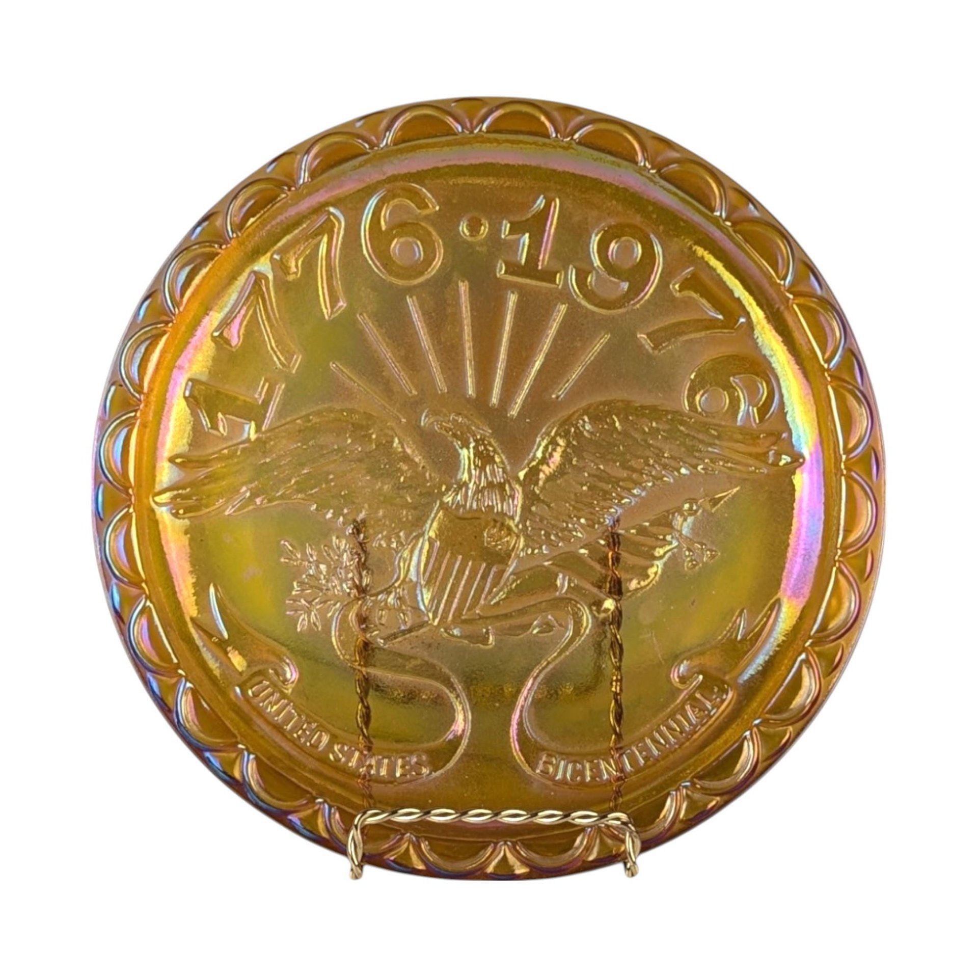 Vintage Indiana Glass Carnival Plate, US Centennial, American Eagle, Iridescent Glass, Collectible Plate, Patriotic Decor