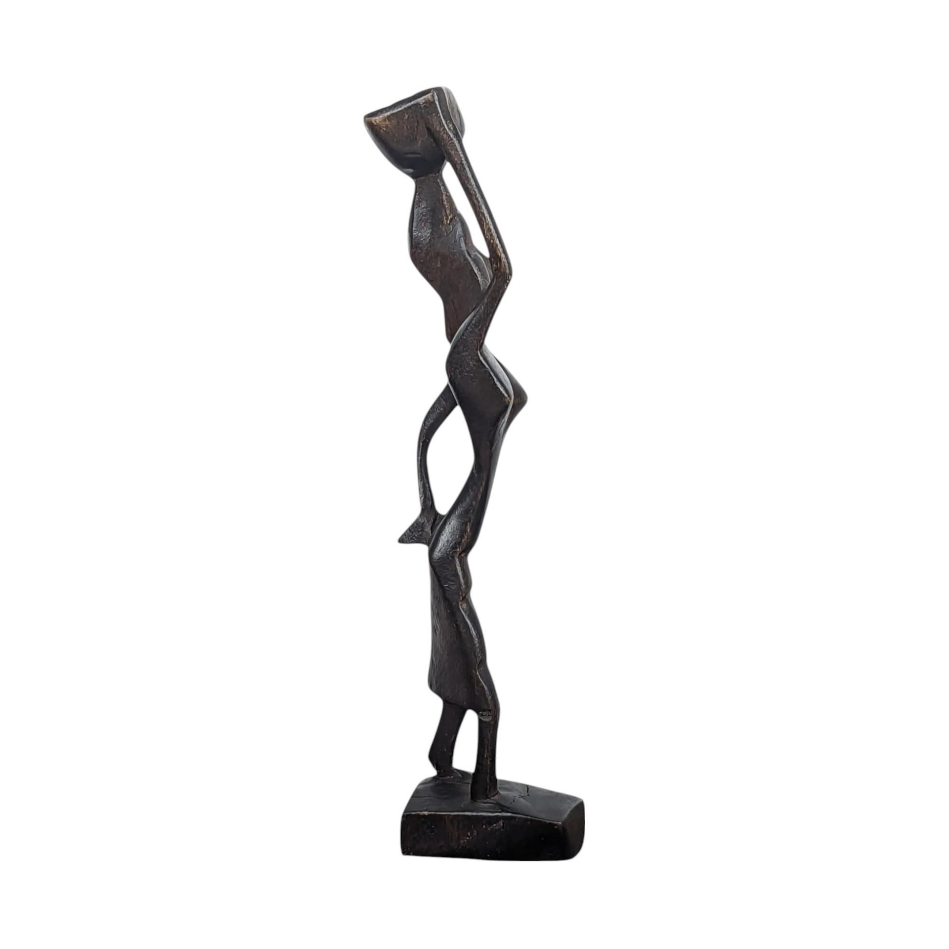 Vintage Hand Carved Wooden Figurines, Tribal Art Decor, African Woman on Horse, Man with Pole, Collectible Wood Carvings