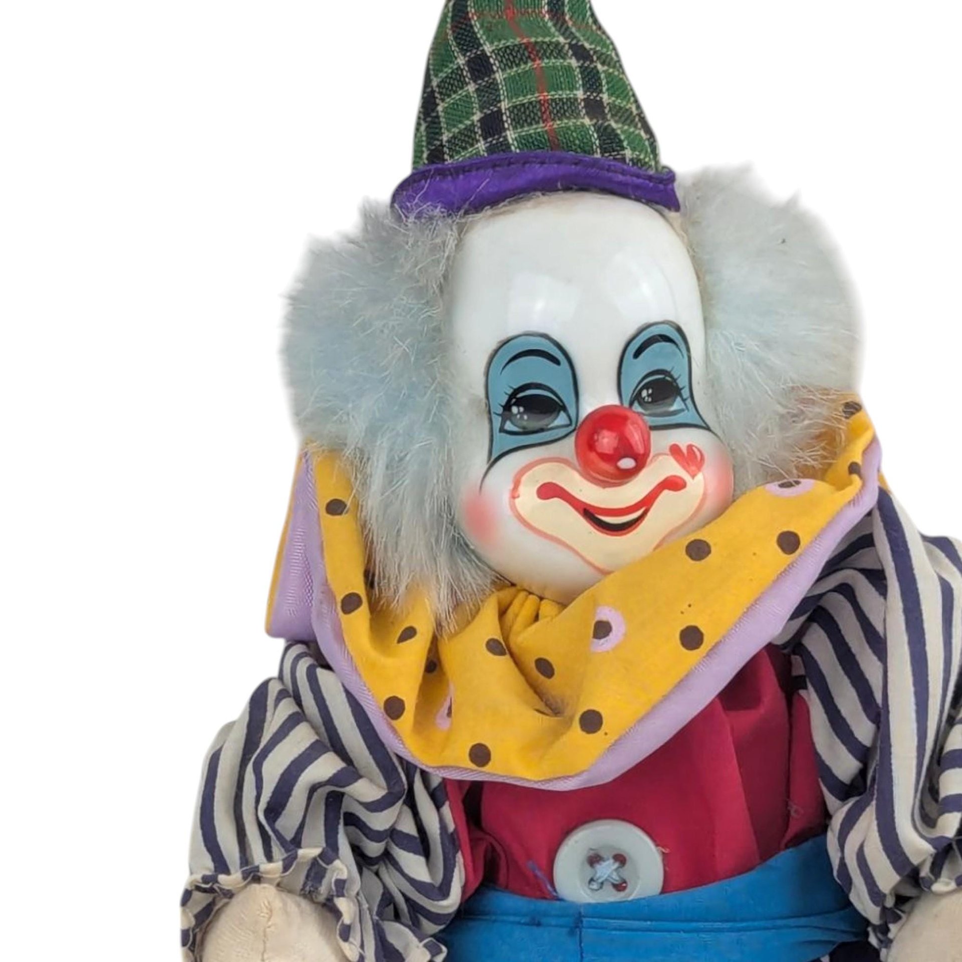 Vintage Polka Dot Stripes Clown Doll, Thailand, Porcelain Head, 10.5 Inch Height, Collectible Clown Decor, Whimsical Gift