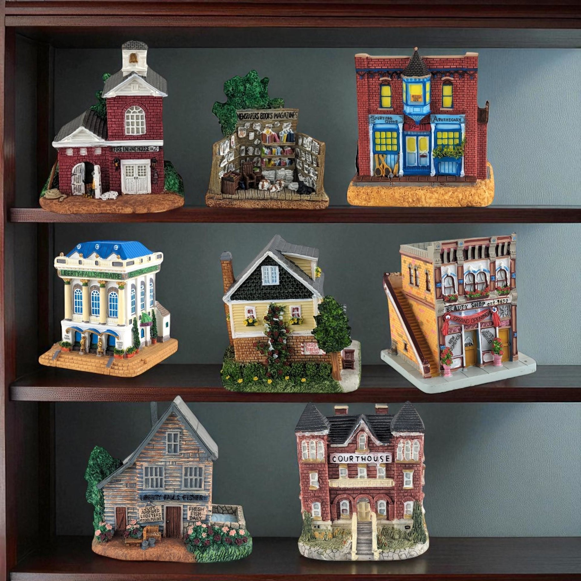 Vintage Liberty Falls Village Figurines, 7 Piece Set, Barber Shop, Firehouse, Shops, Courthouse, Collectible Miniatures, Gift for Collector
