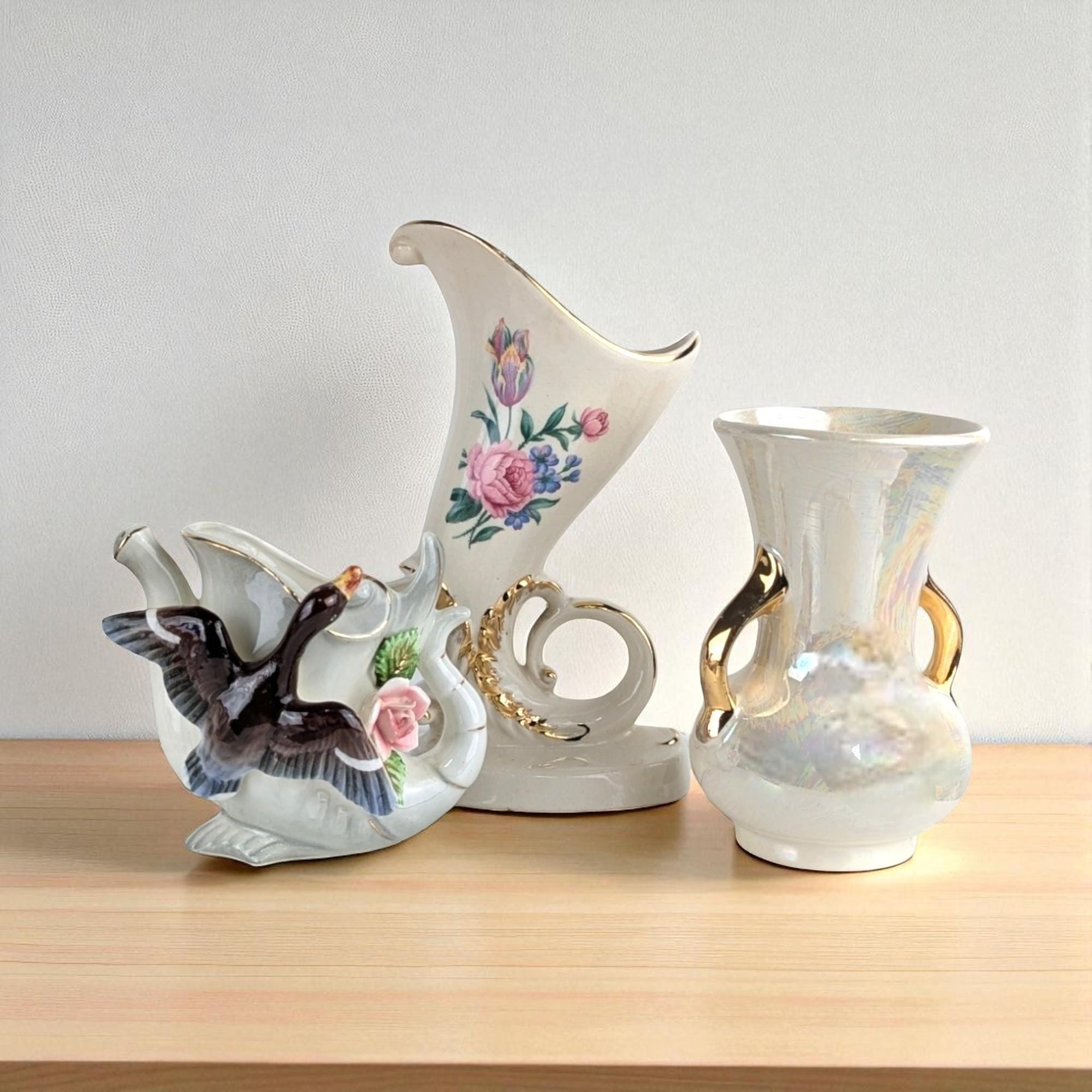Vintage Ceramic Vases, Watering Can Vase, Duck Vase, Iridescent Vase, Gold Accents, Floral Vase, Home Decor
