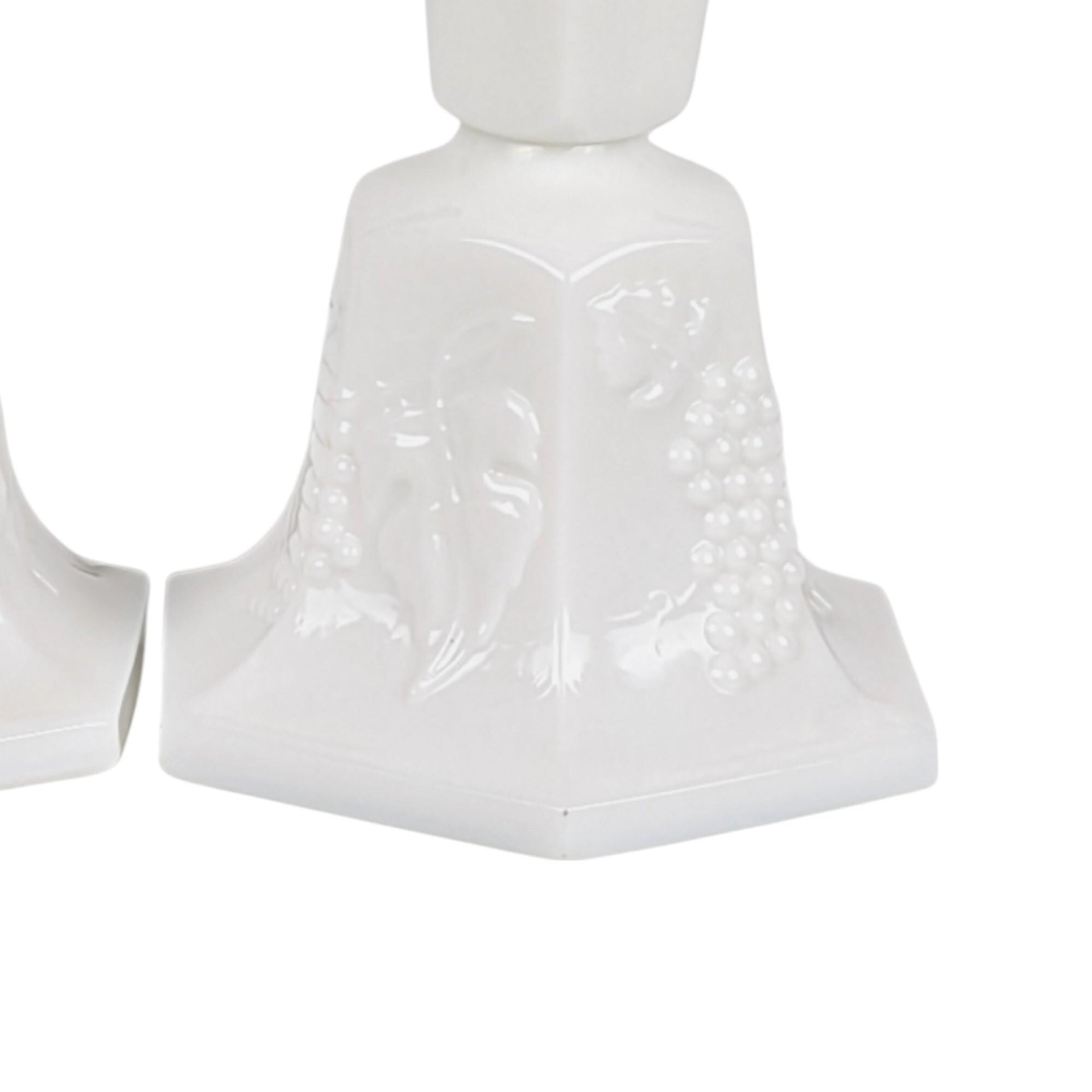 Vintage Fostoria Milk Glass Candle Holders, Pair, Grape Pattern, 4.25 Inches - Mid-Century Modern