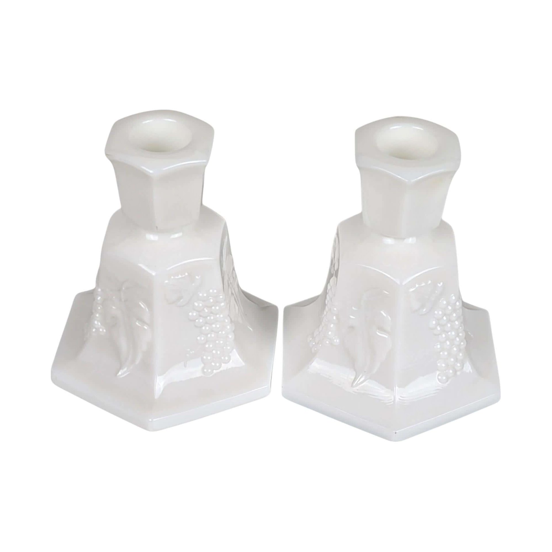 Vintage Fostoria Milk Glass Candle Holders, Pair, Grape Pattern, 4.25 Inches - Mid-Century Modern