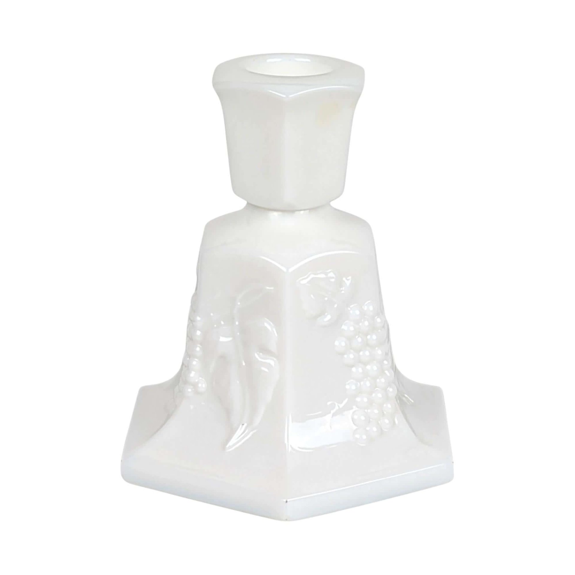 Vintage Fostoria Milk Glass Candle Holders, Pair, Grape Pattern, 4.25 Inches - Mid-Century Modern